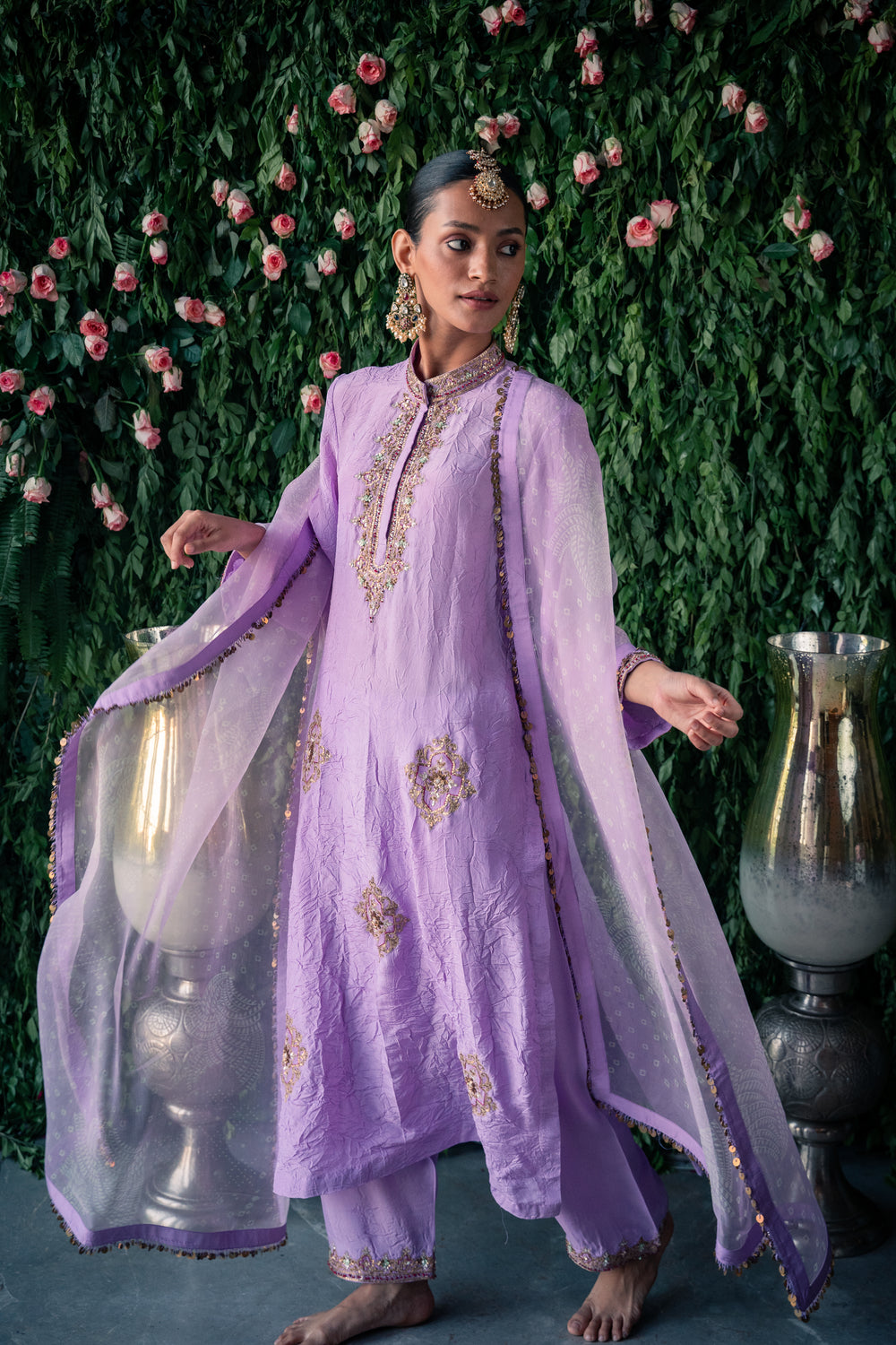 Crushed silk kurta with embroidery and silk pants and Silk organza dupatta