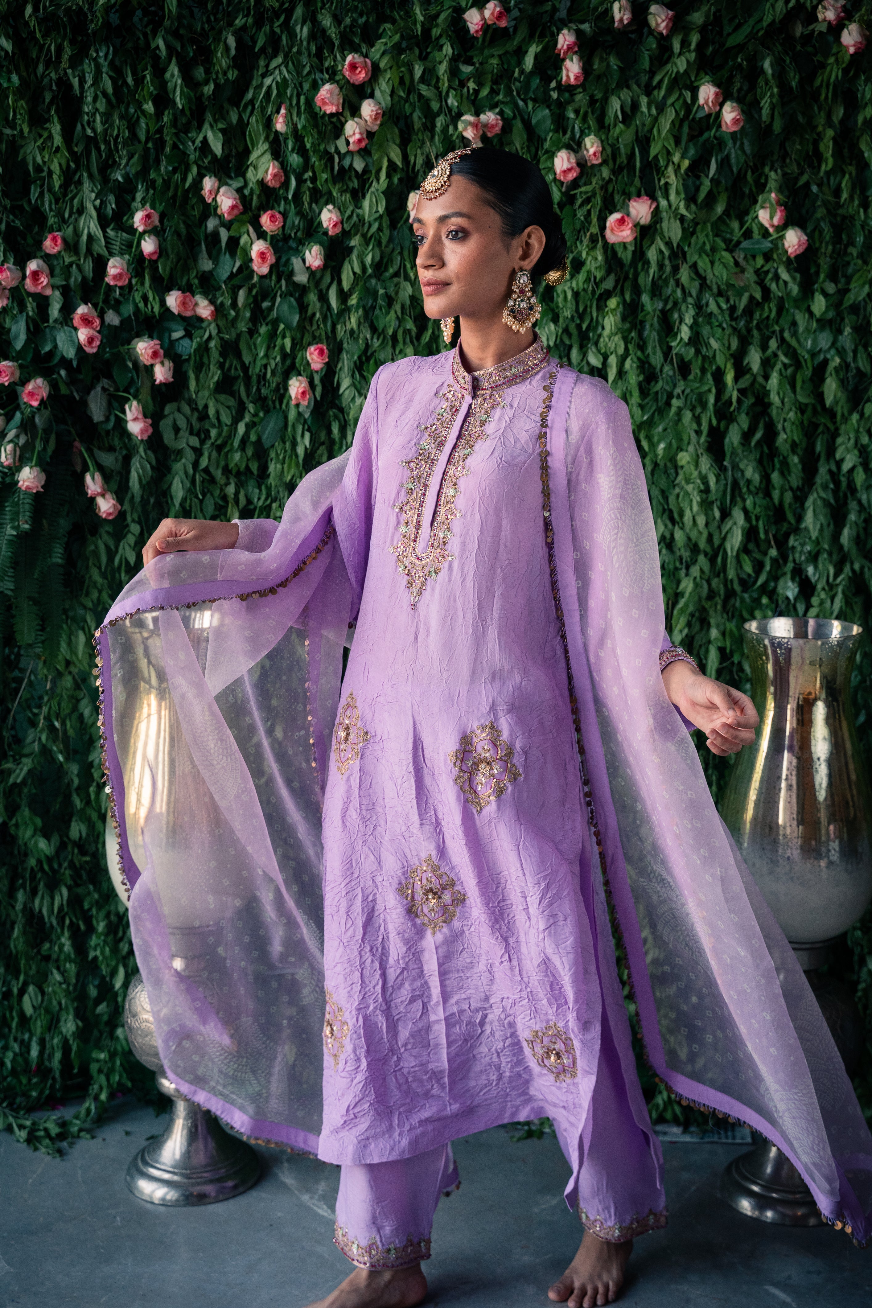 Crushed silk kurta with embroidery and silk pants and Silk organza dupatta