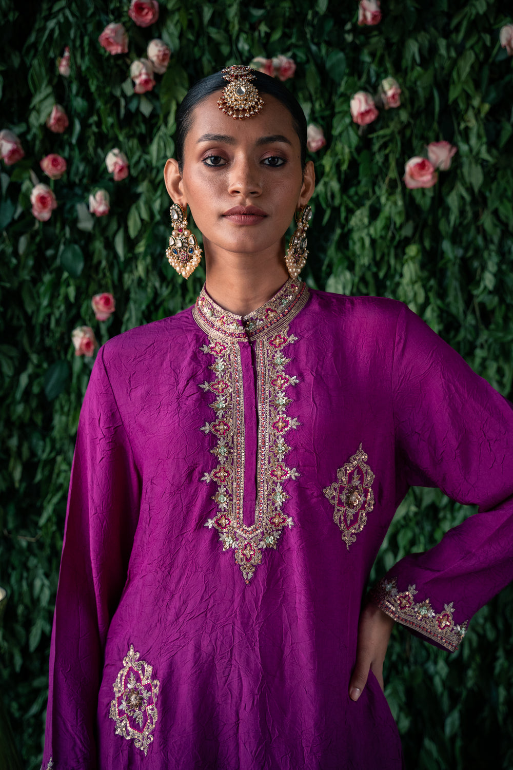 Crushed silk kurta with embroidery and silk pants and Silk organza dupatta