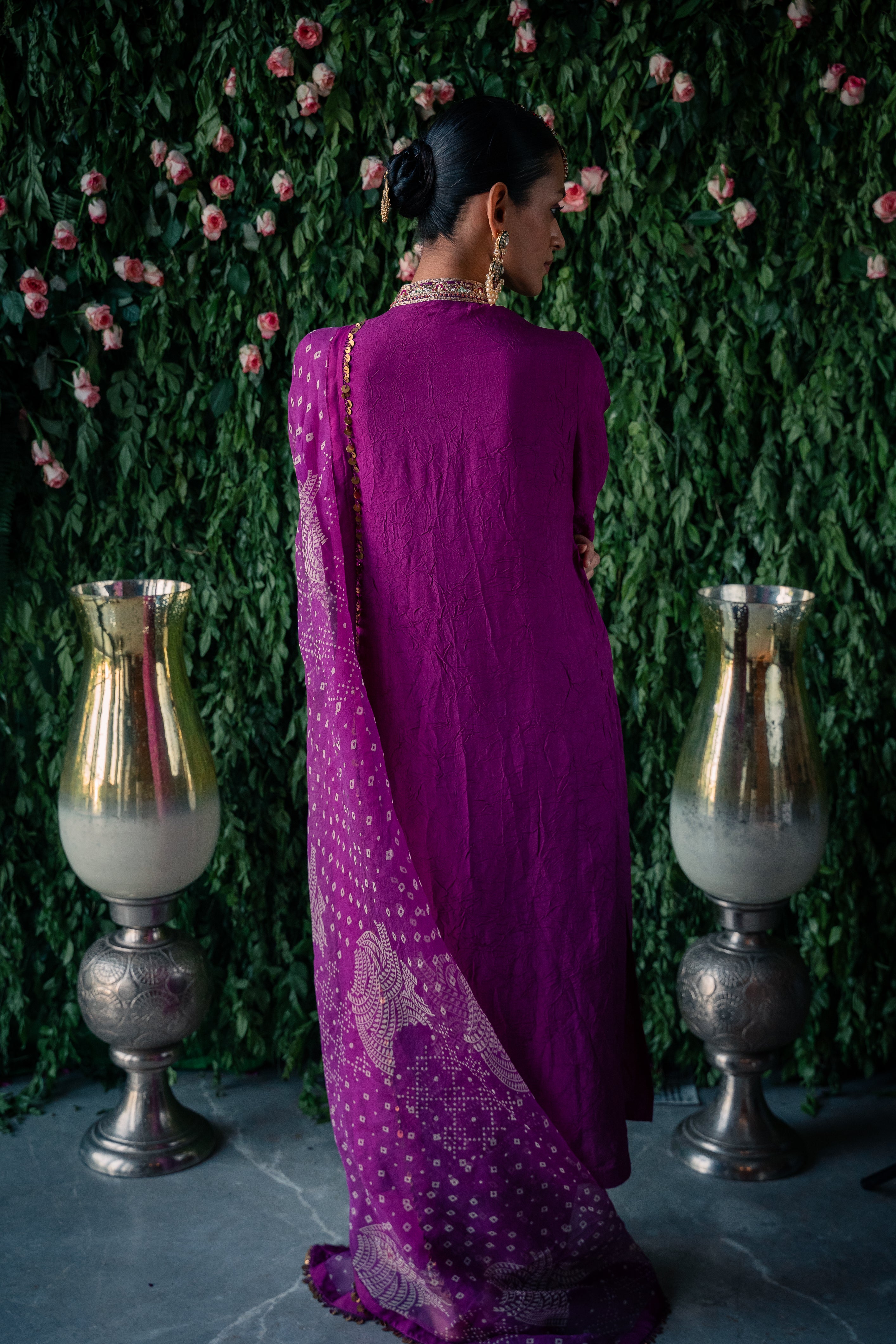 Crushed silk kurta with embroidery and silk pants and Silk organza dupatta