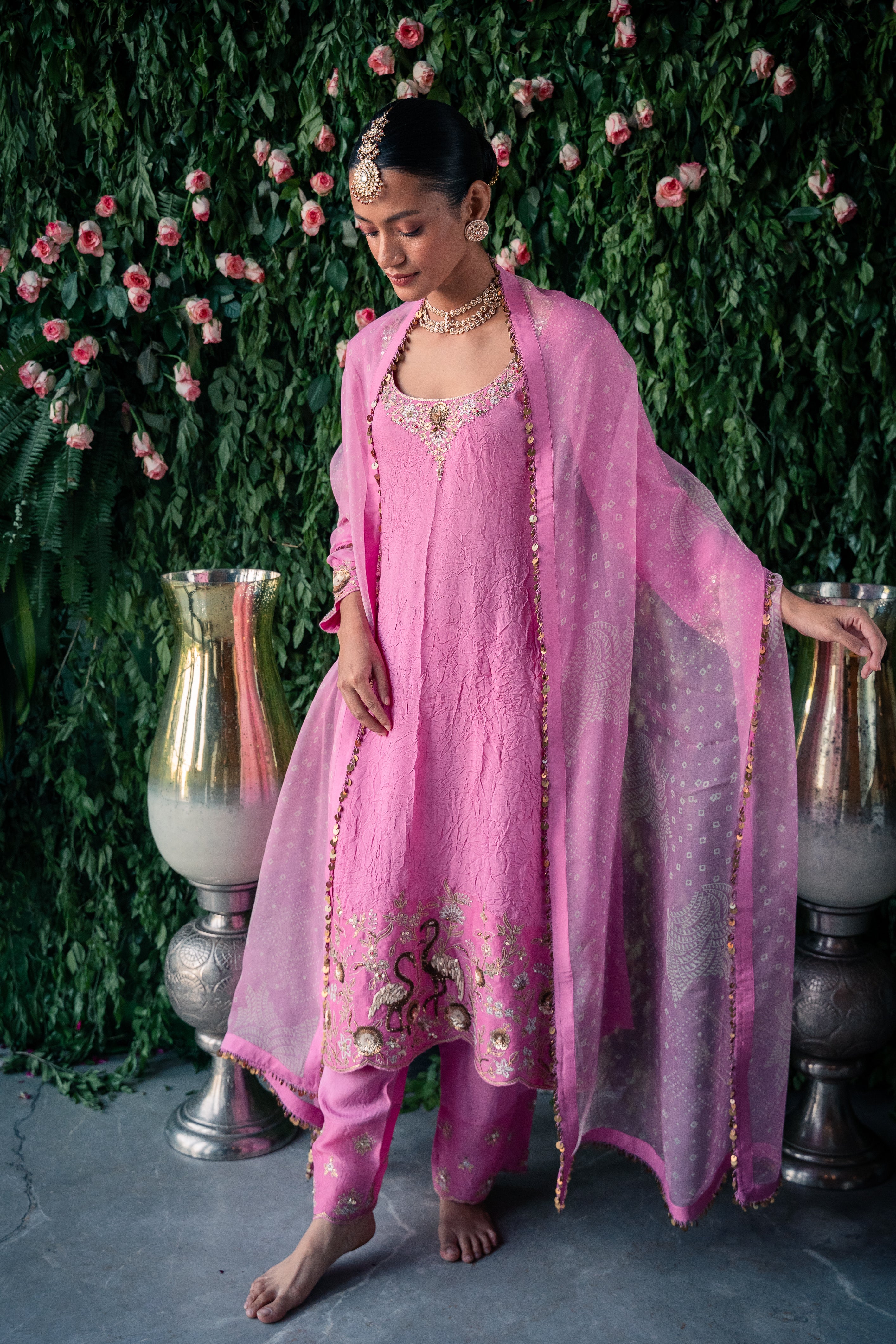 Crushed silk kurta and silk pant  and Silk organza dupatta