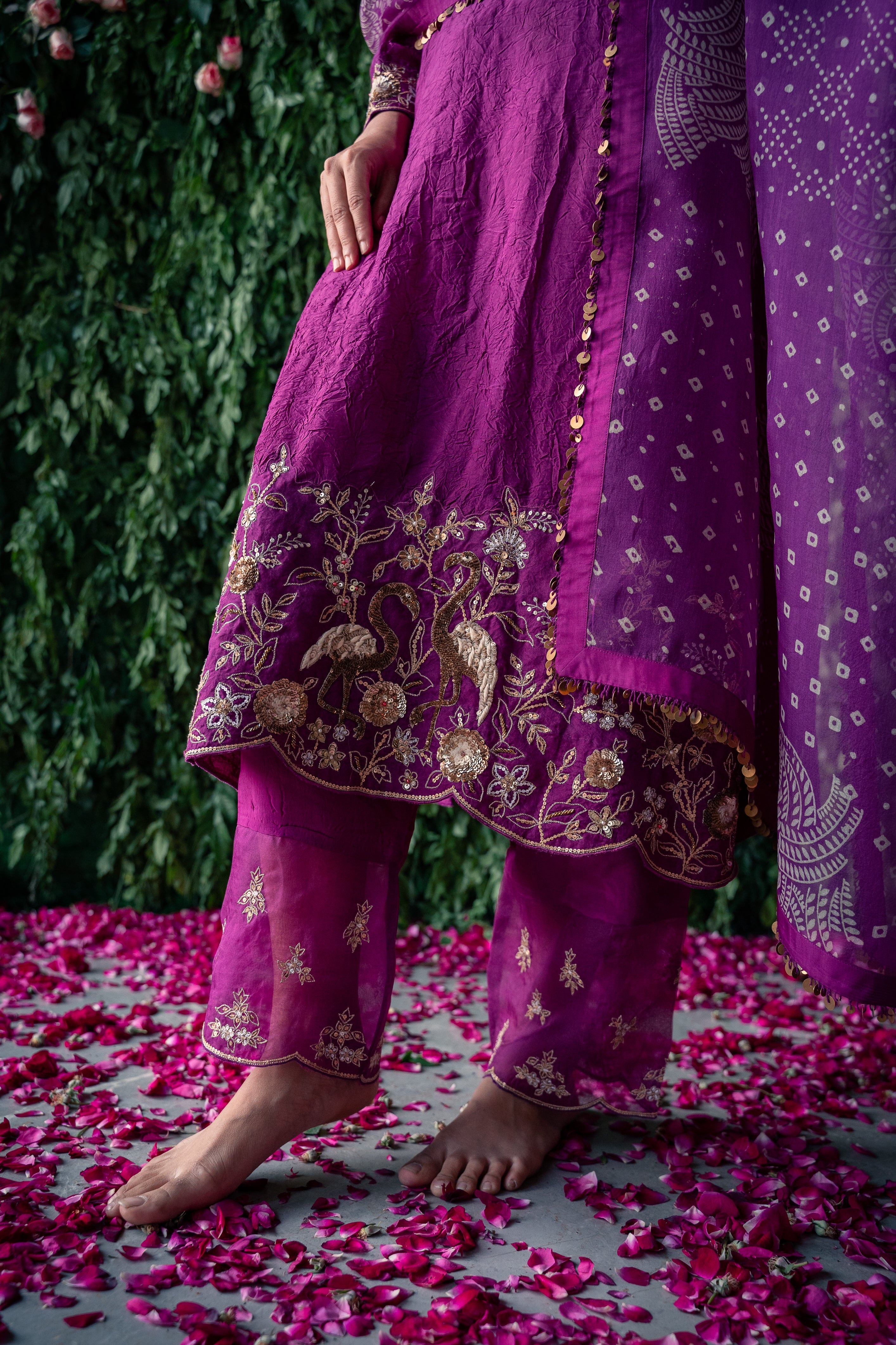 Crushed silk kurta and silk pants with Silk organza dupatta