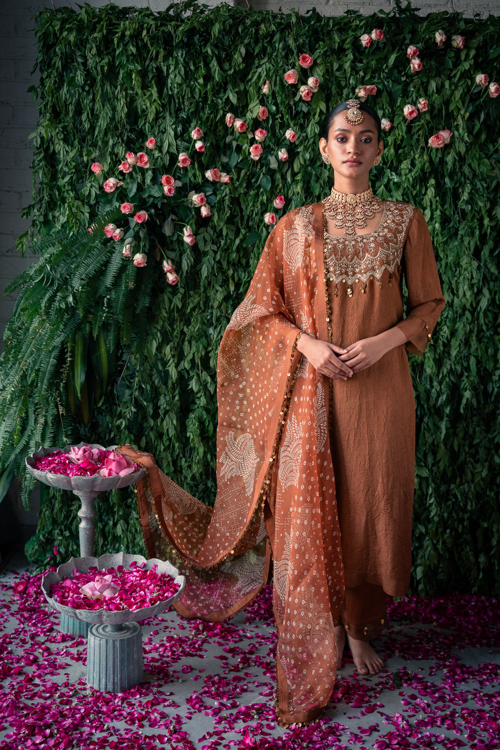 Crushed silk kurta with embroidery and silk pants with Silk organza dupatta