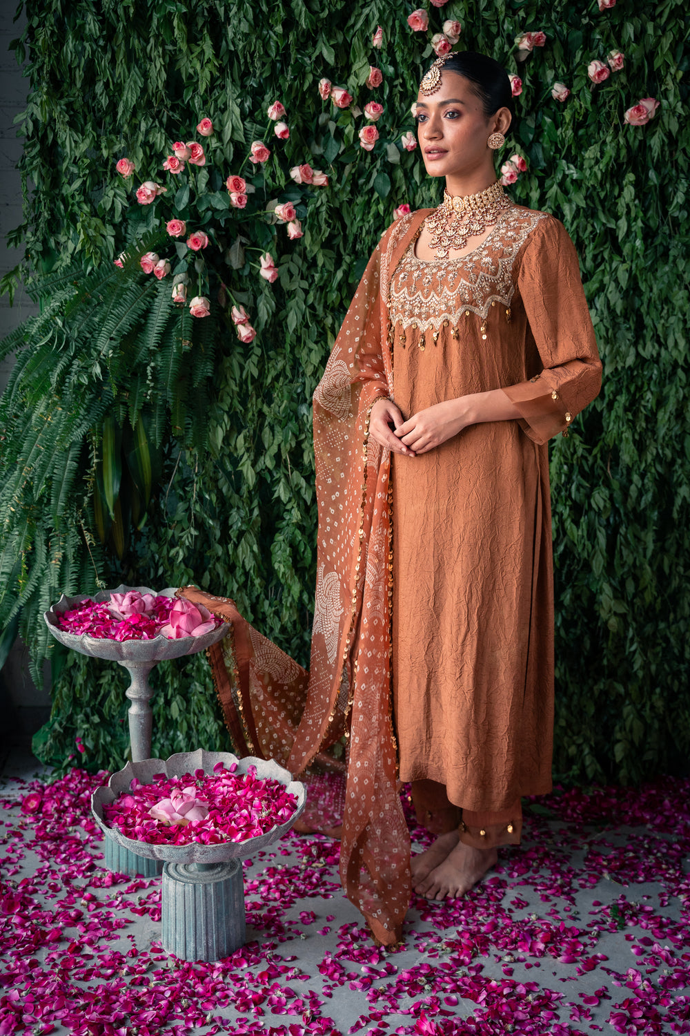 Crushed silk kurta with embroidery and silk pants with Silk organza dupatta