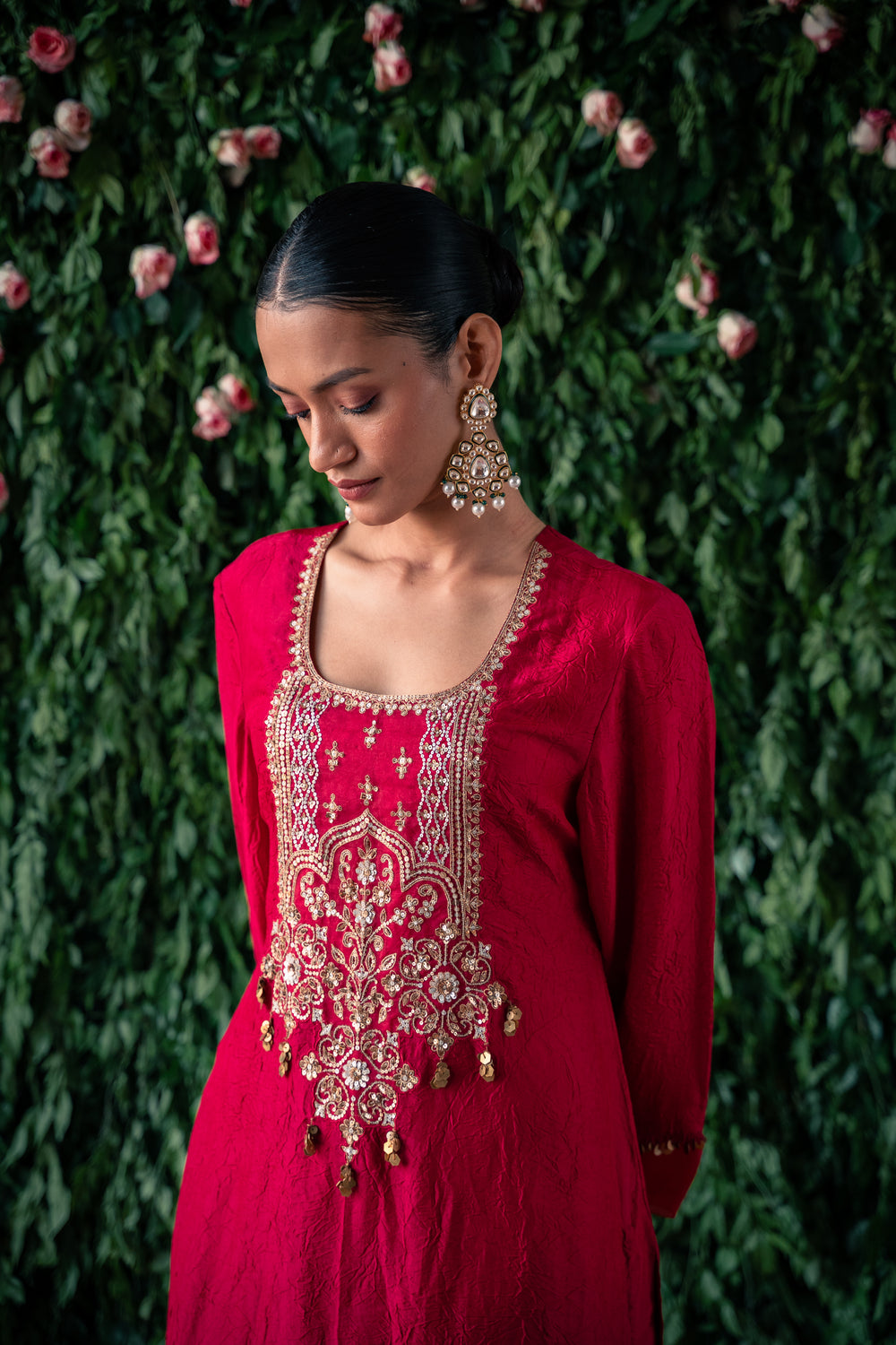 Crushed silk kurta with embroidery and silk pants with Net dupatta