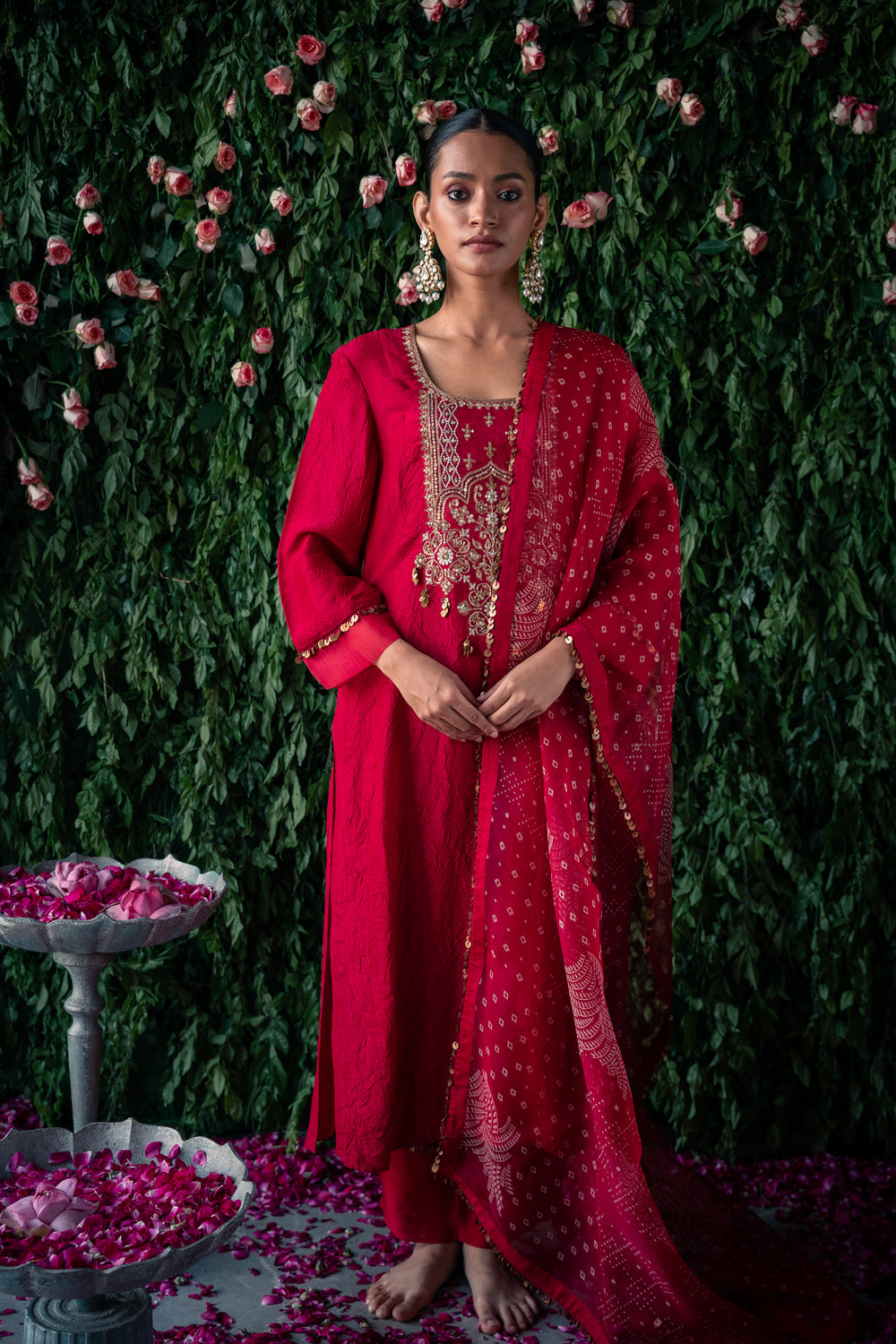 Crushed silk kurta with embroidery and silk pants with Net dupatta