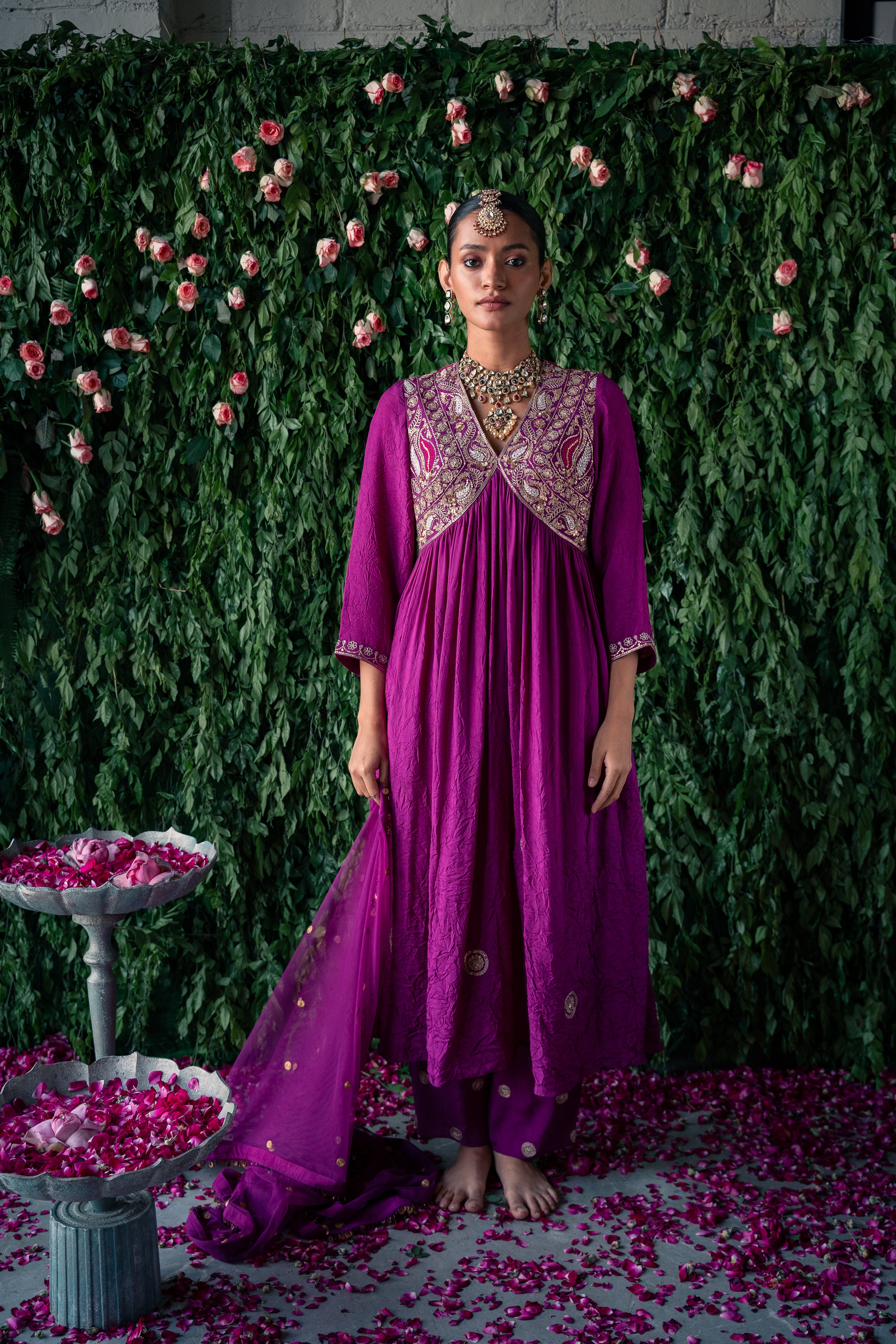 Crushed silk kurta with embroidery and silk pants with Net dupatta