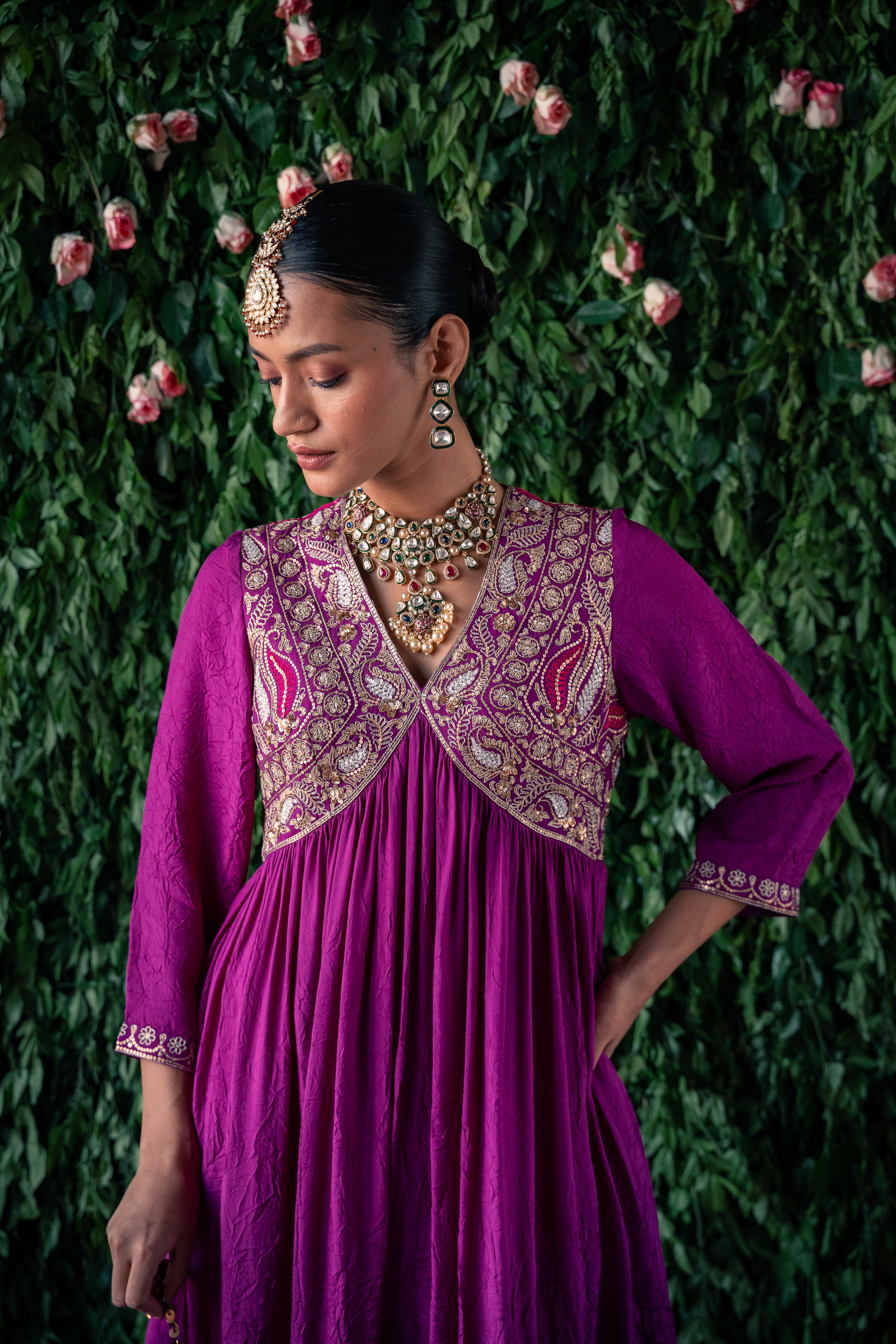 Crushed silk kurta with embroidery and silk pants with Net dupatta