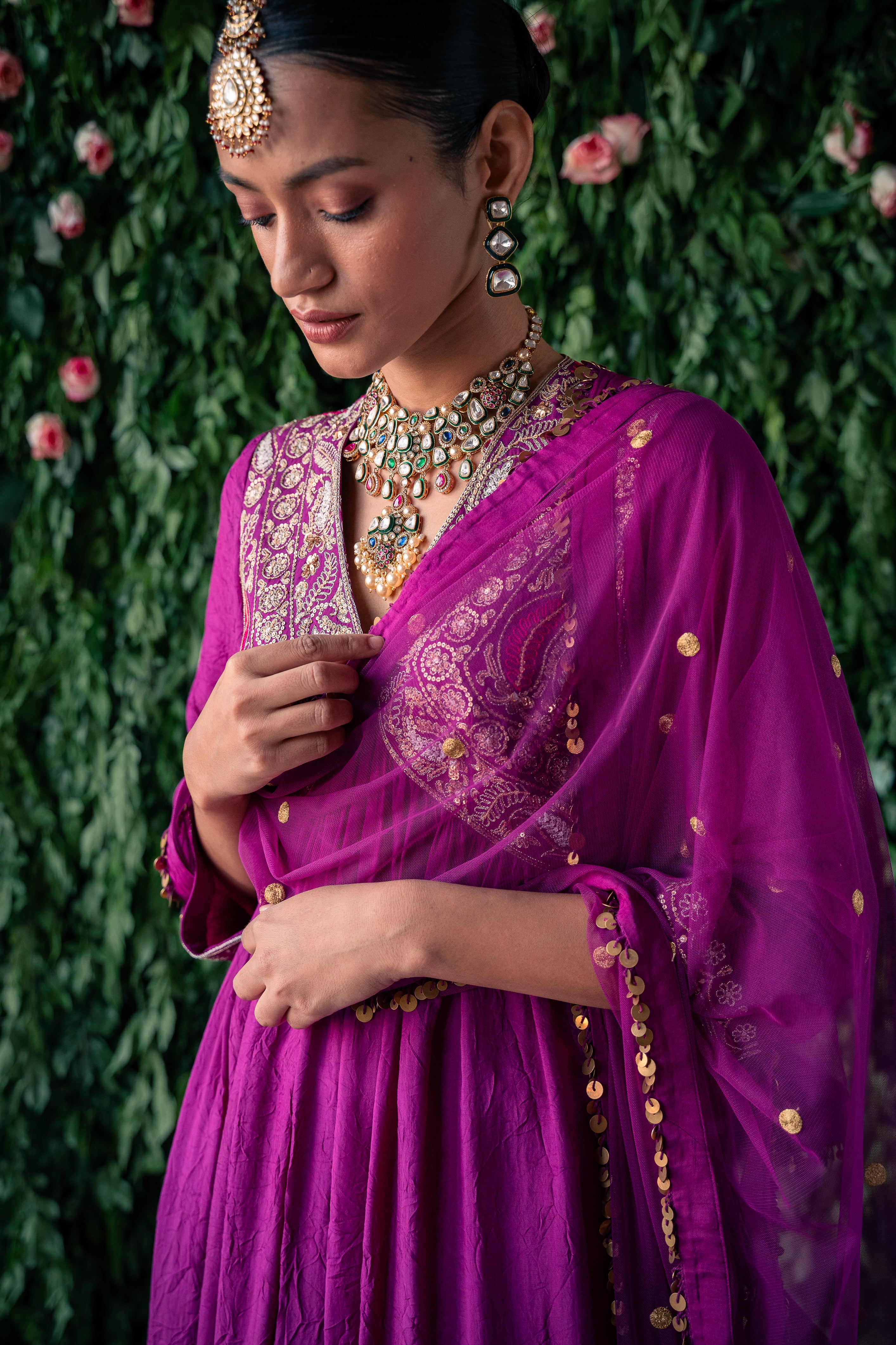 Crushed silk kurta with embroidery and silk pants with Net dupatta