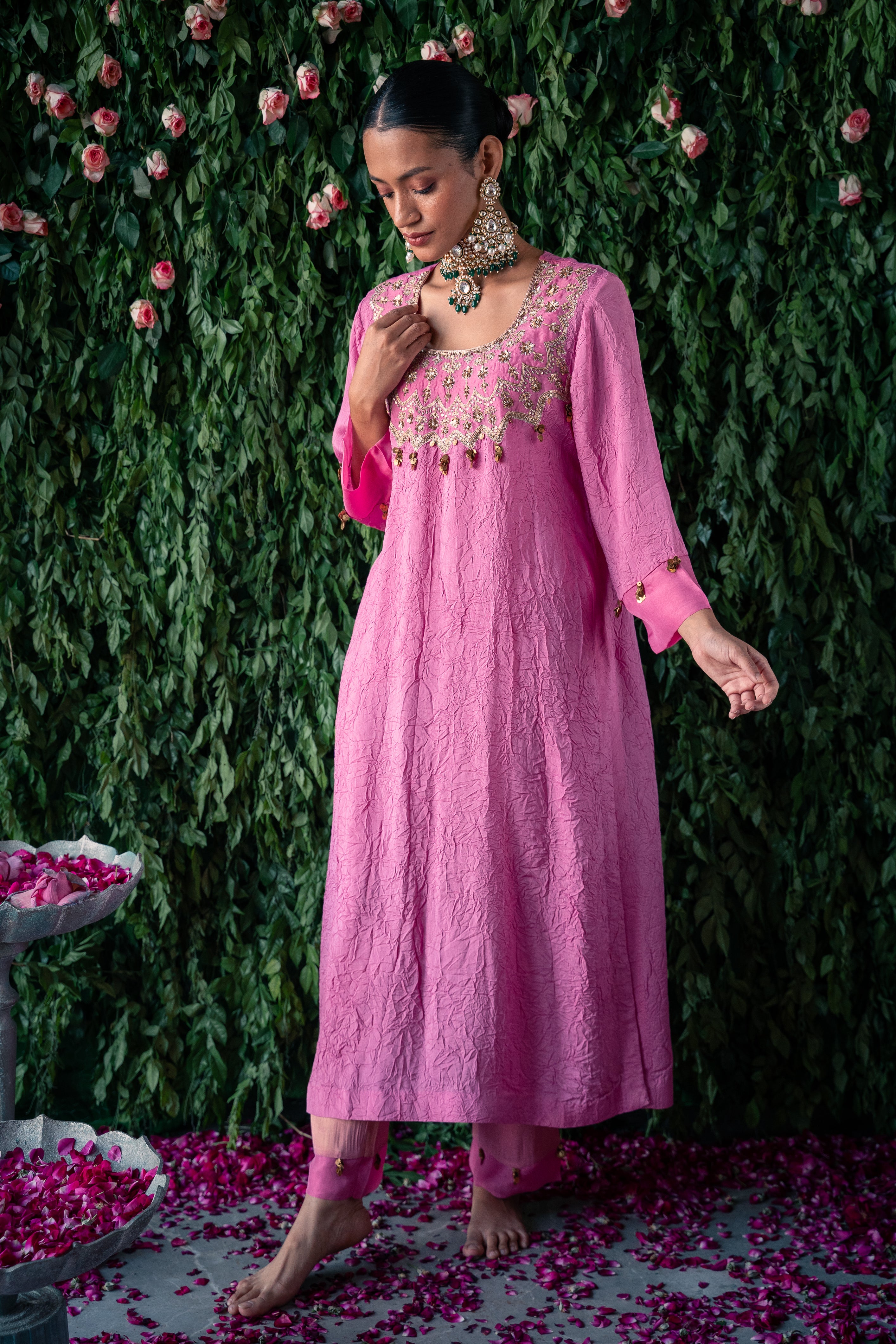 Crushed silk kurta with embroidery and silk pants and Silk organza