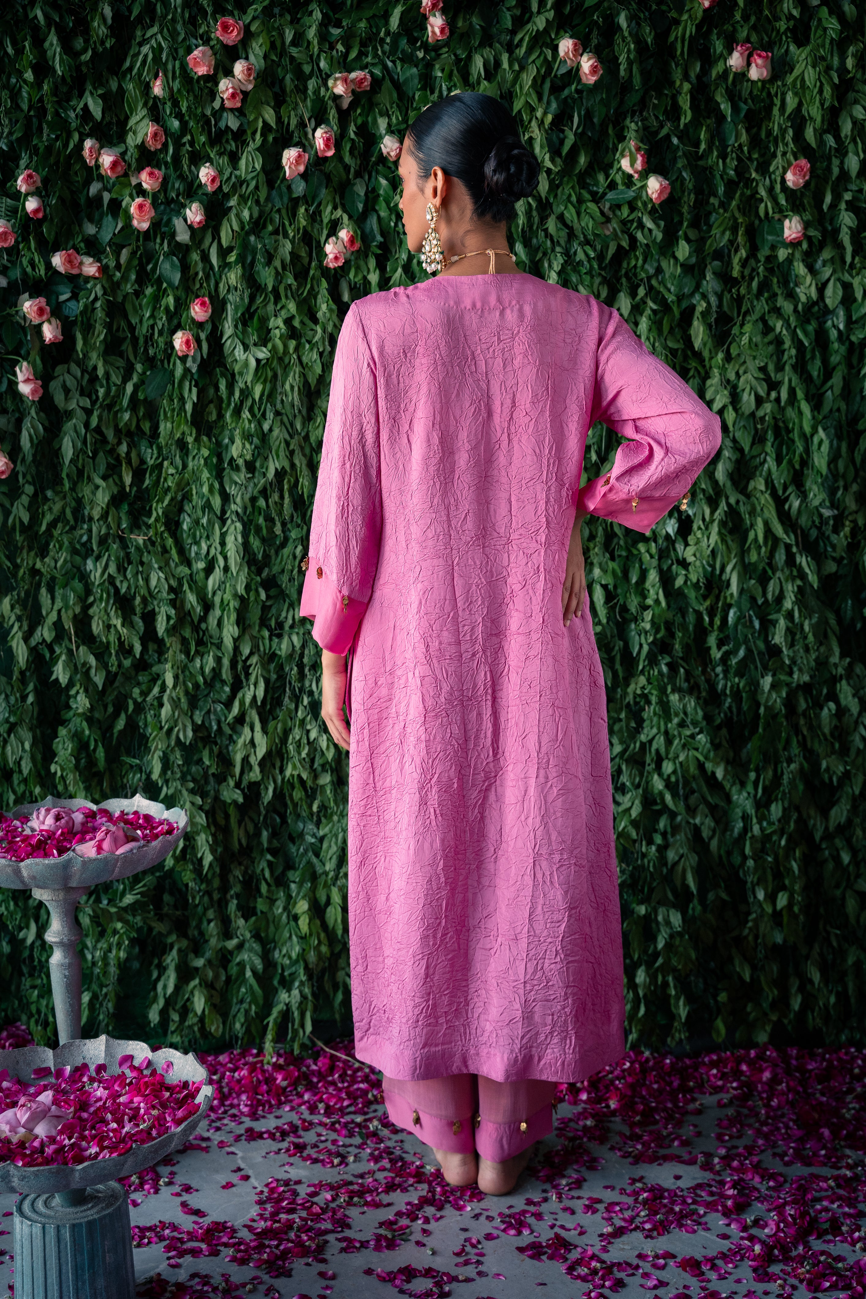 Crushed silk kurta with embroidery and silk pants and Silk organza