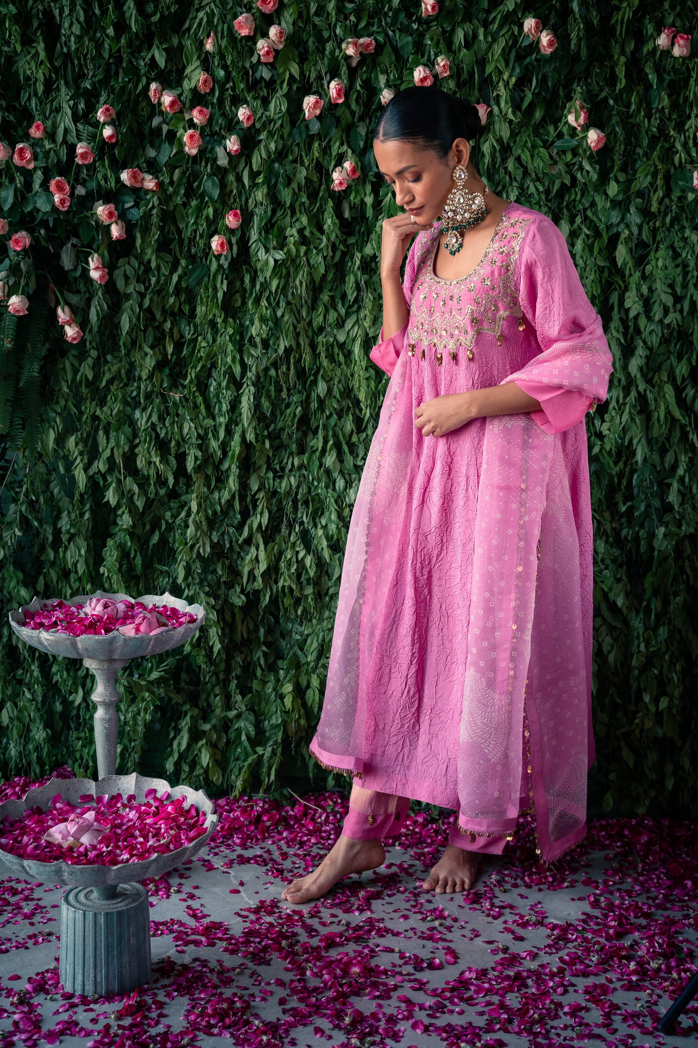 Crushed silk kurta with embroidery and silk pants and Silk organza