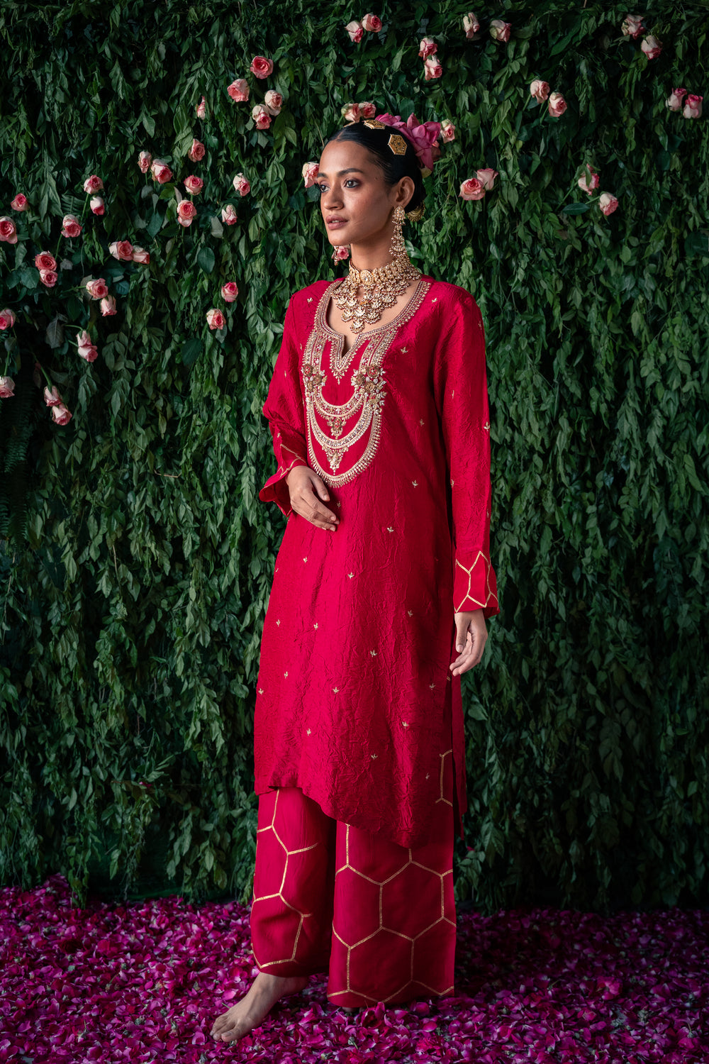 Crushed silk kurta with embroidery and farshi with Gota detailing and Net&nbsp; dupatta with handmade sequin detailing