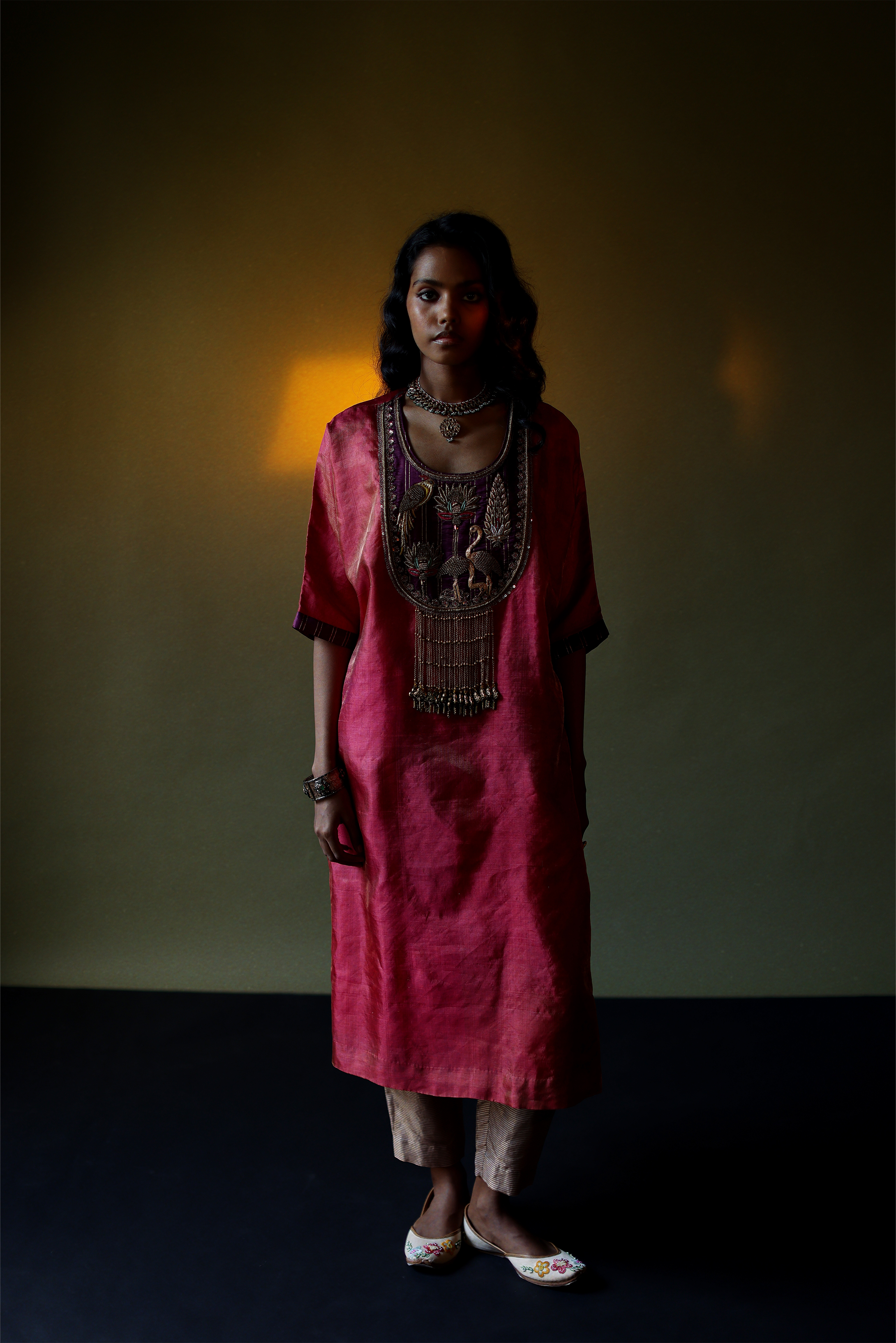 Pink Tissue Kurta with Embroidered Velvet Yoke, Printed Pants & Dupatta