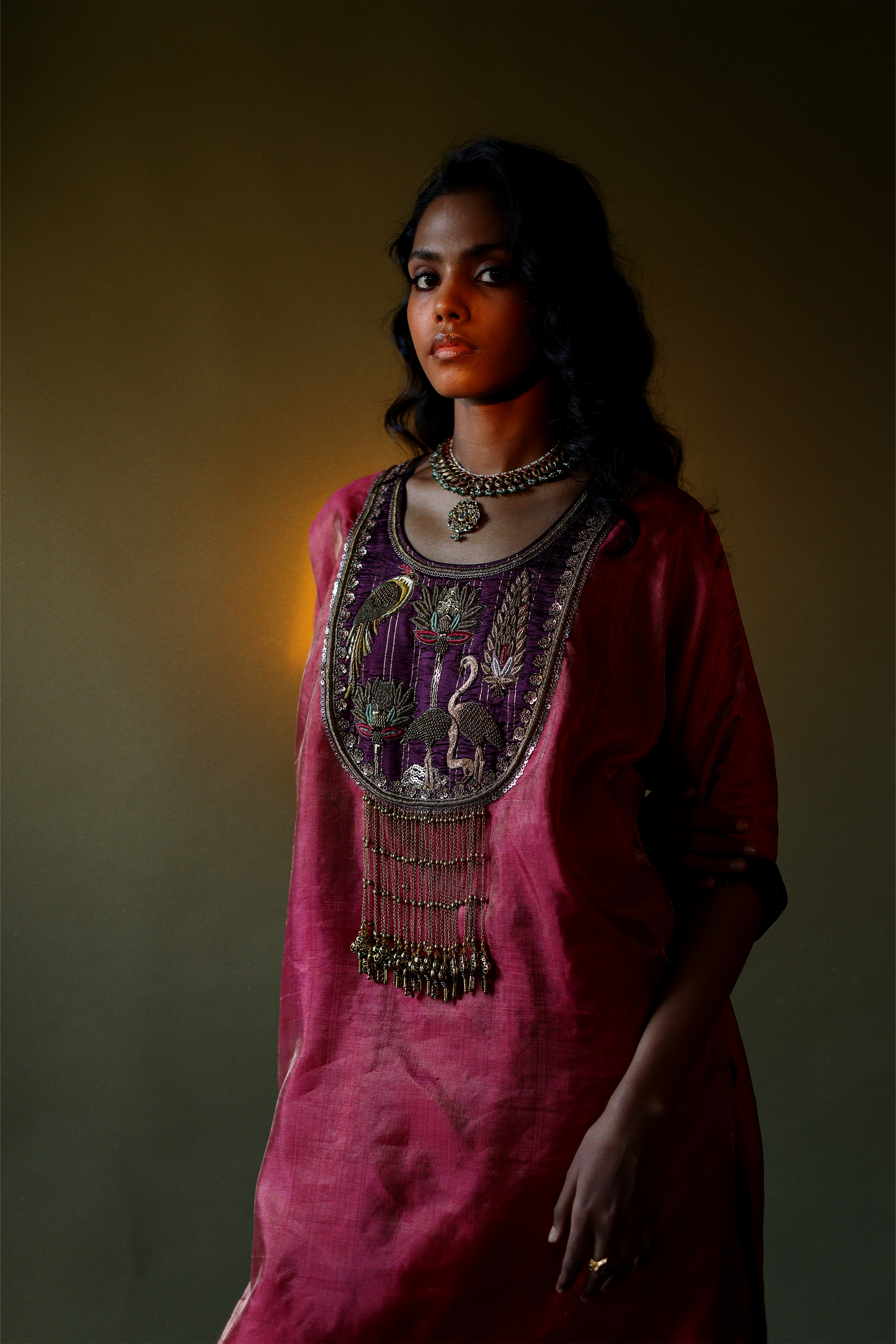 Pink Tissue Kurta with Embroidered Velvet Yoke, Printed Pants & Dupatta