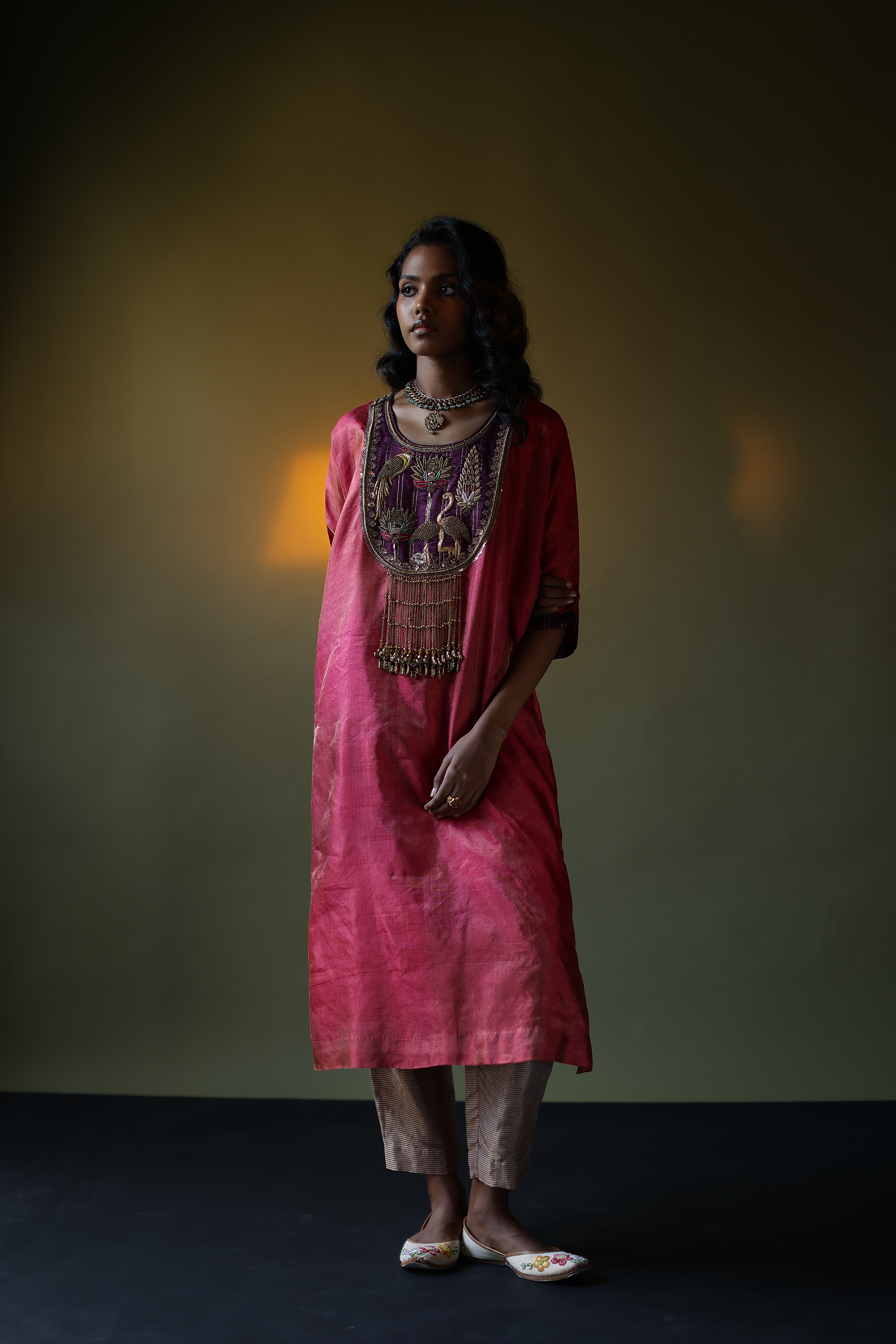 Pink Tissue Kurta with Embroidered Velvet Yoke, Printed Pants & Dupatta