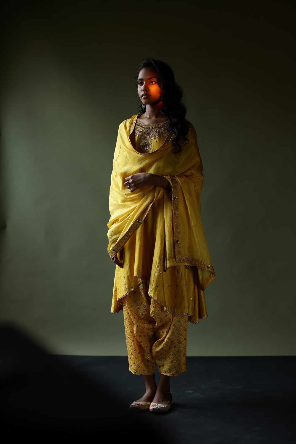 Mango Yellow Kurta With Bandhaj Dhoti Pants & DUPATTA