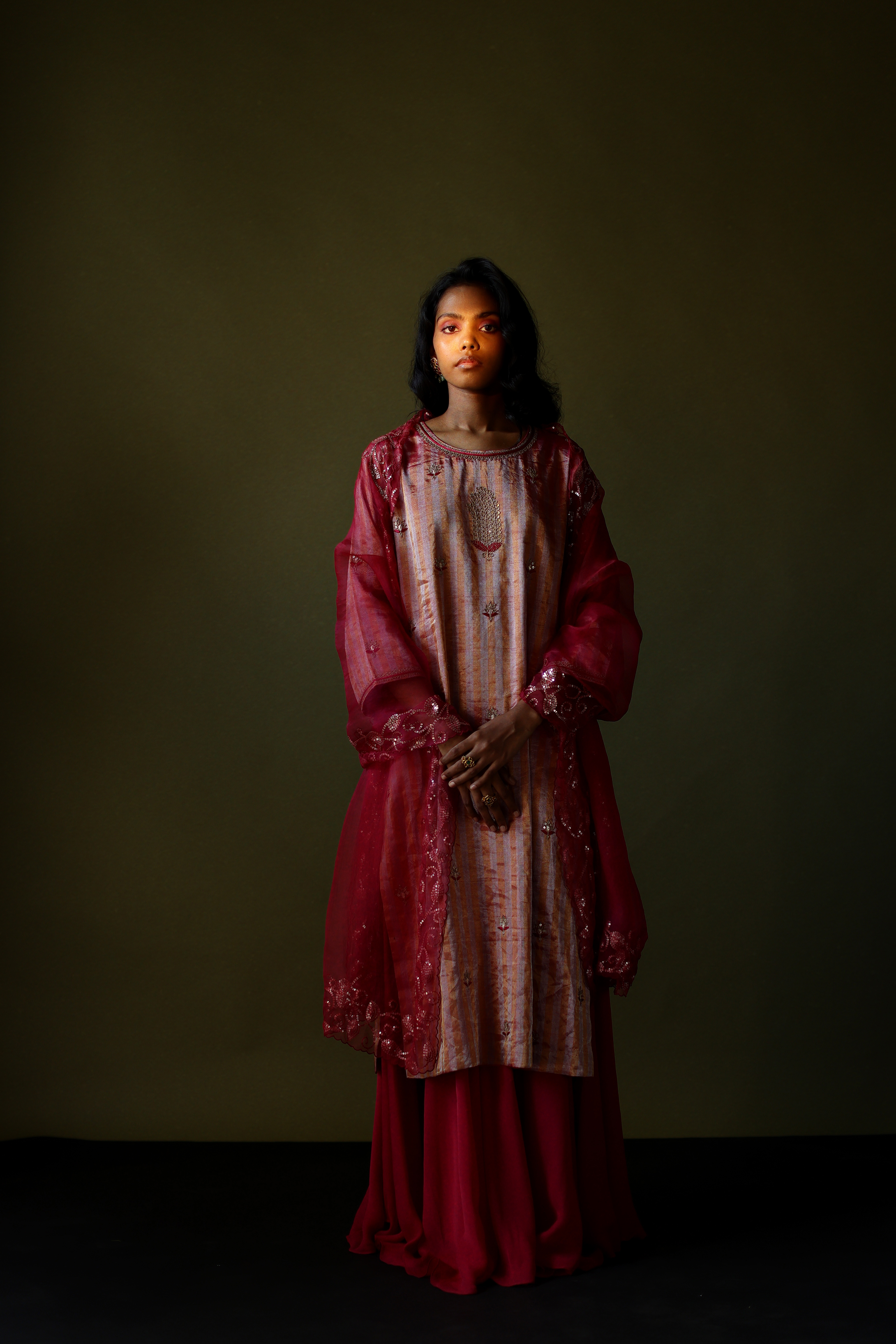 Stripe Pink Tissue Kurta With Chiffon Skirt & Dupatta