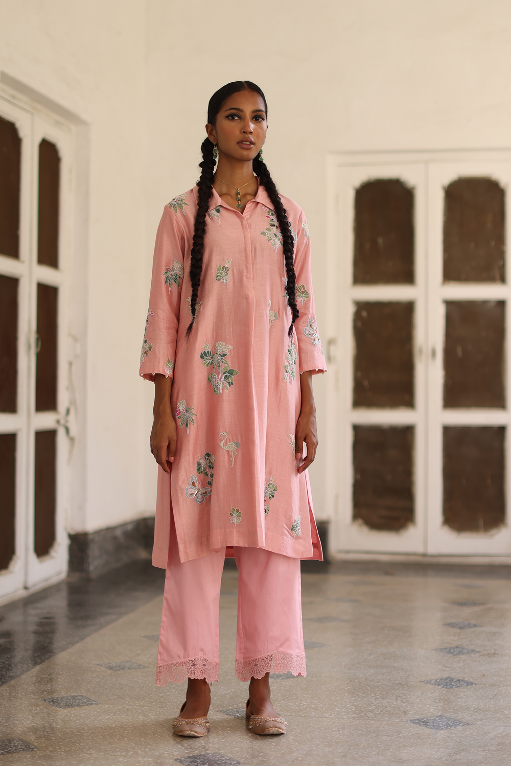 Carnation Applique Kurta, Pants, Dupatta & Potli