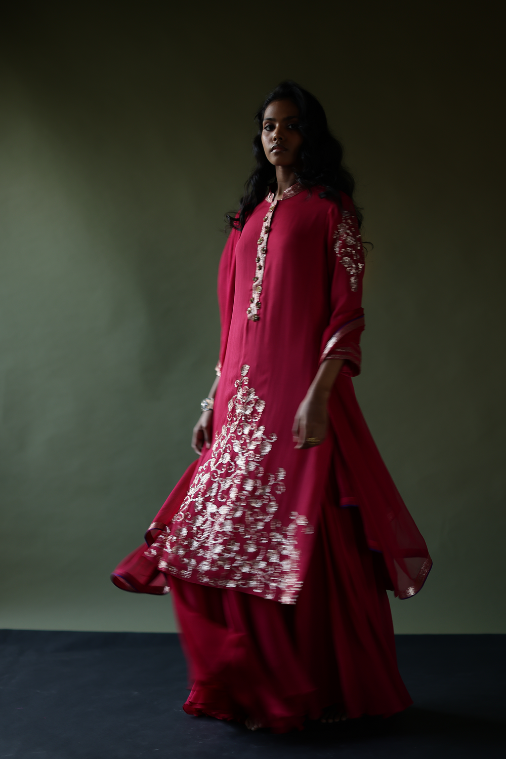 Wine Chiffon Kurta With Chiffon Pallazos & Net Dupatta