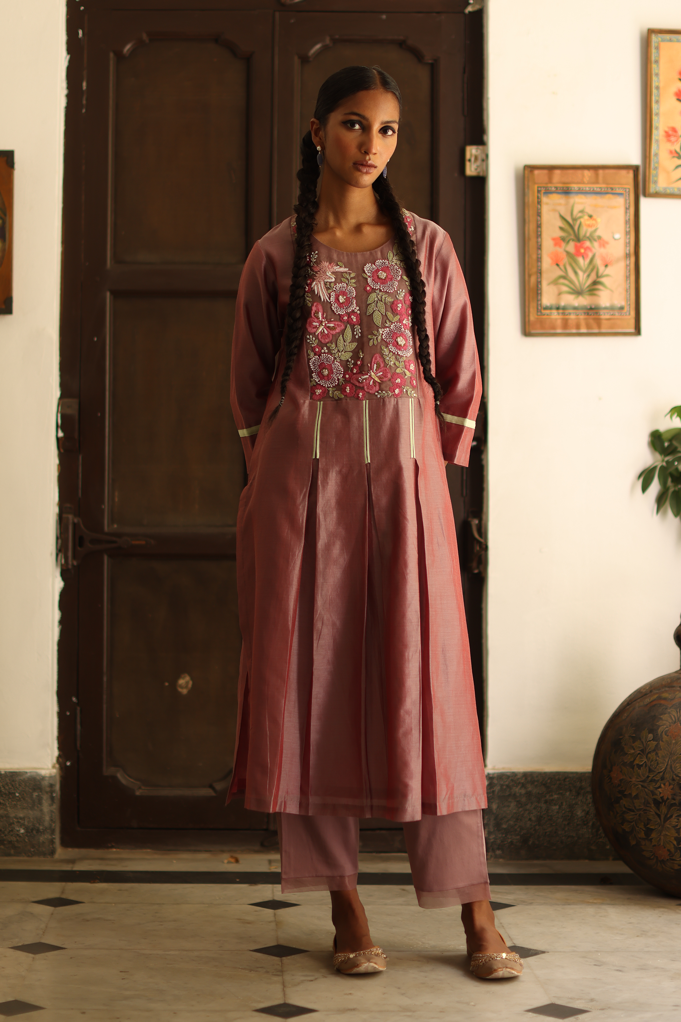 Violet Pleated Kurta With Detailing on Yoke, Pants, Dupatta & Potli