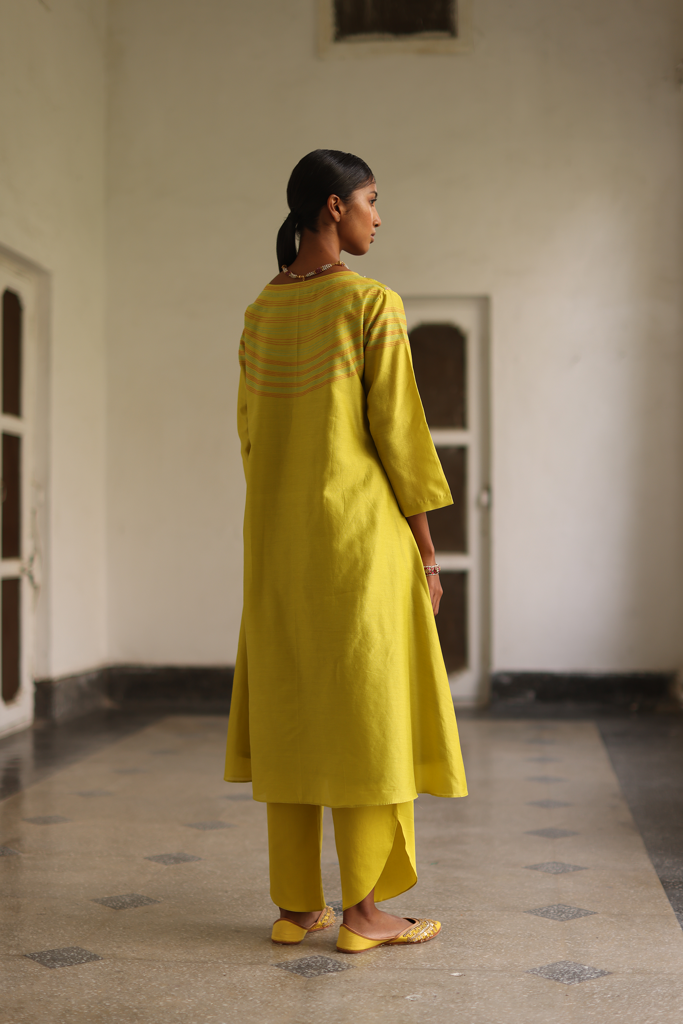 Daffodil Embroidered & Kantha Kurta With Drape Pants, Dupatta & Potli