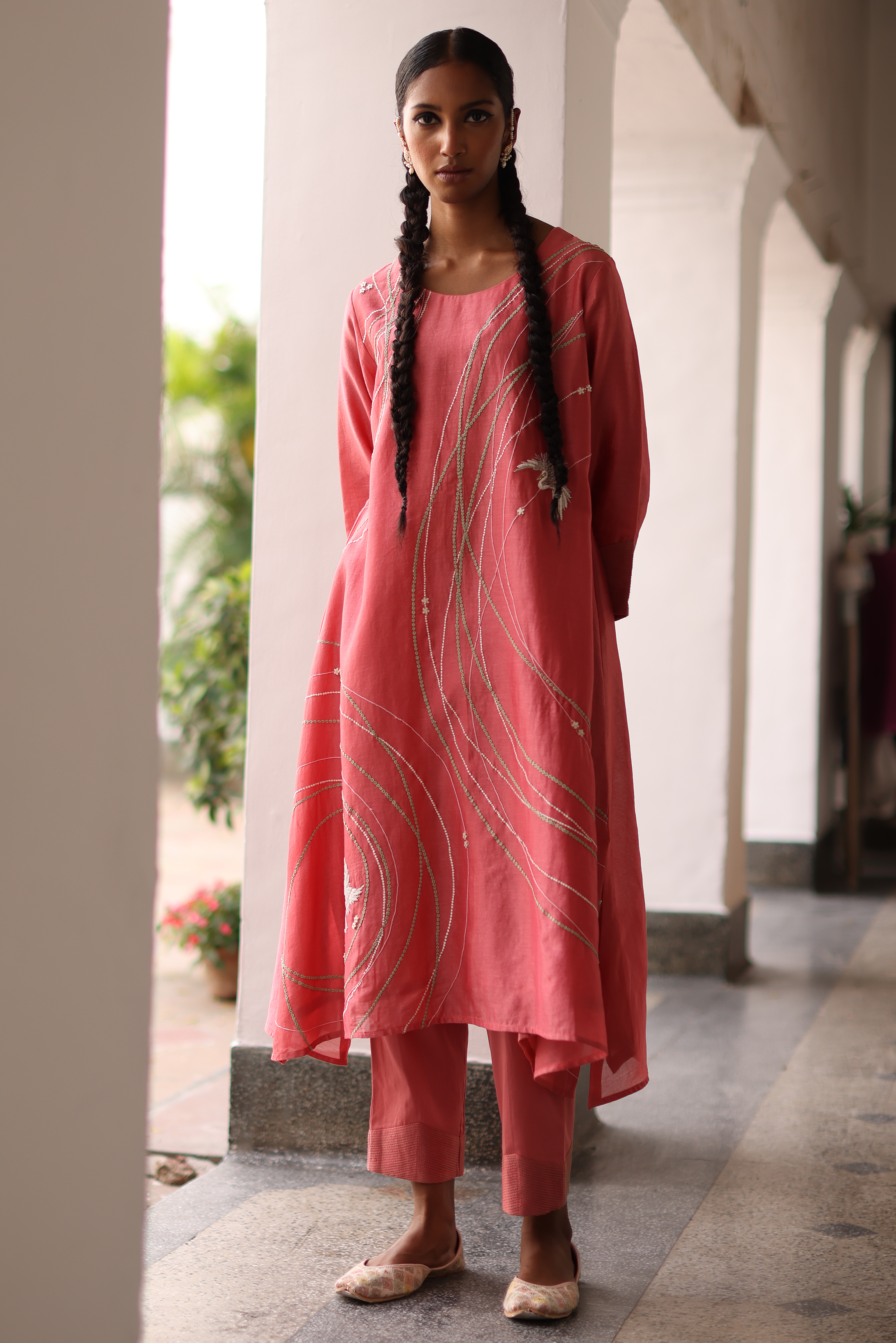 Peony  Embroidered  Kurta,  Pants, With Embroidered Dupatta and Matching Potli