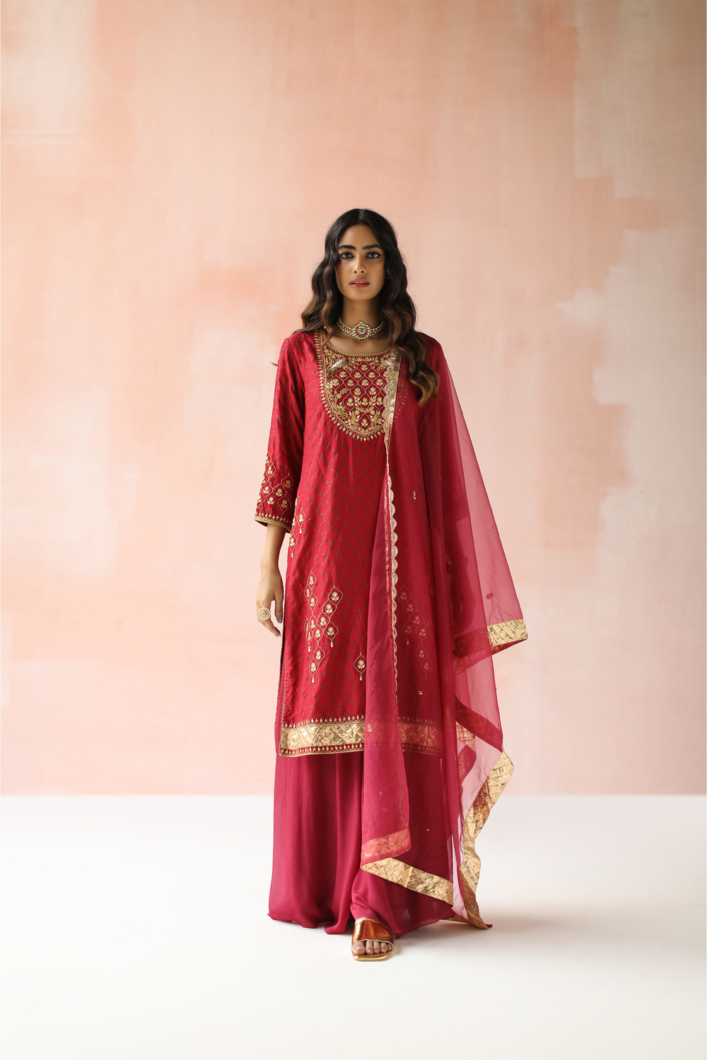 Wine Red Kurta Set with Chiffon Pants and Net Dupatta