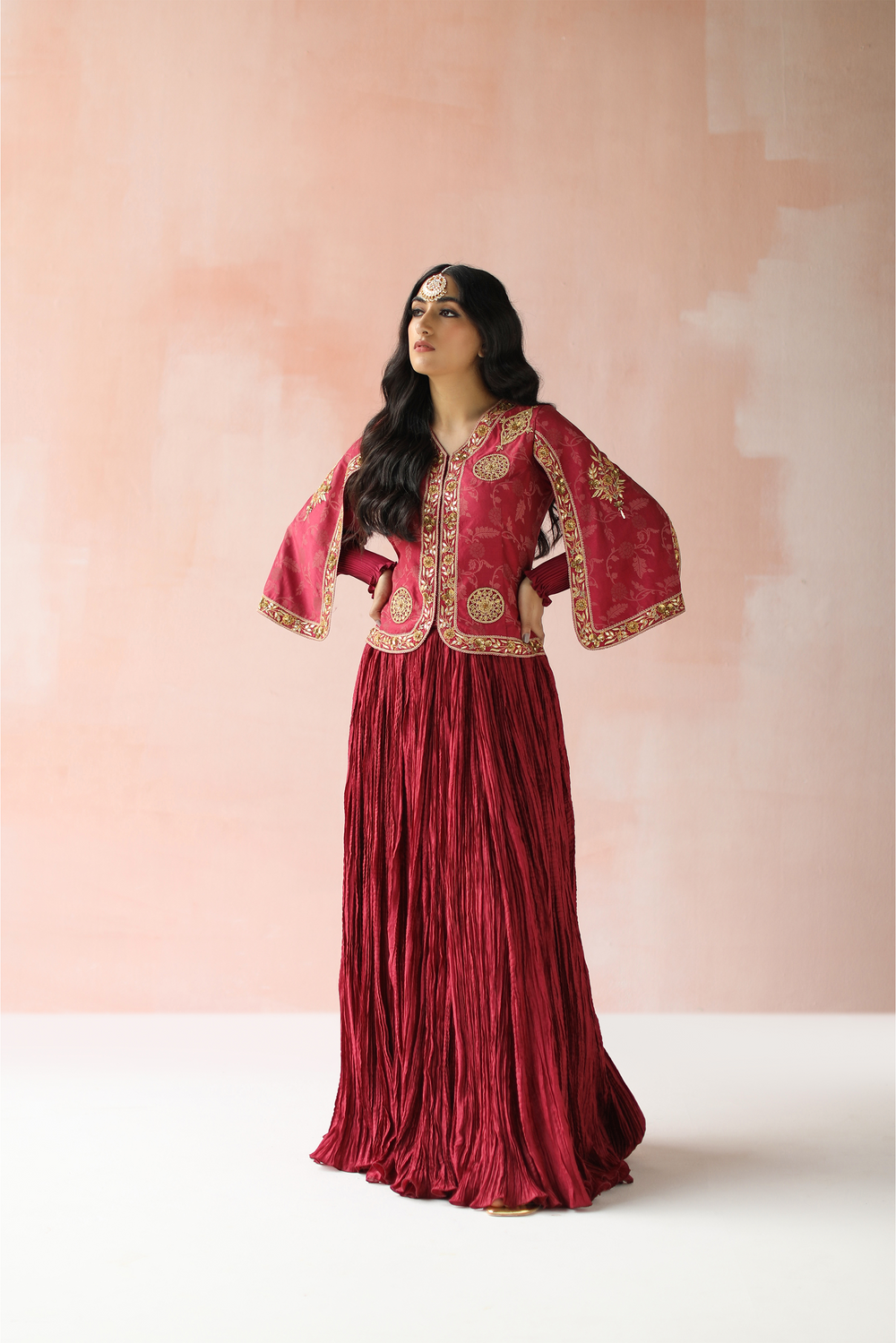 Jacket Style Blouse with Crush Pleated Skirt Lehenga