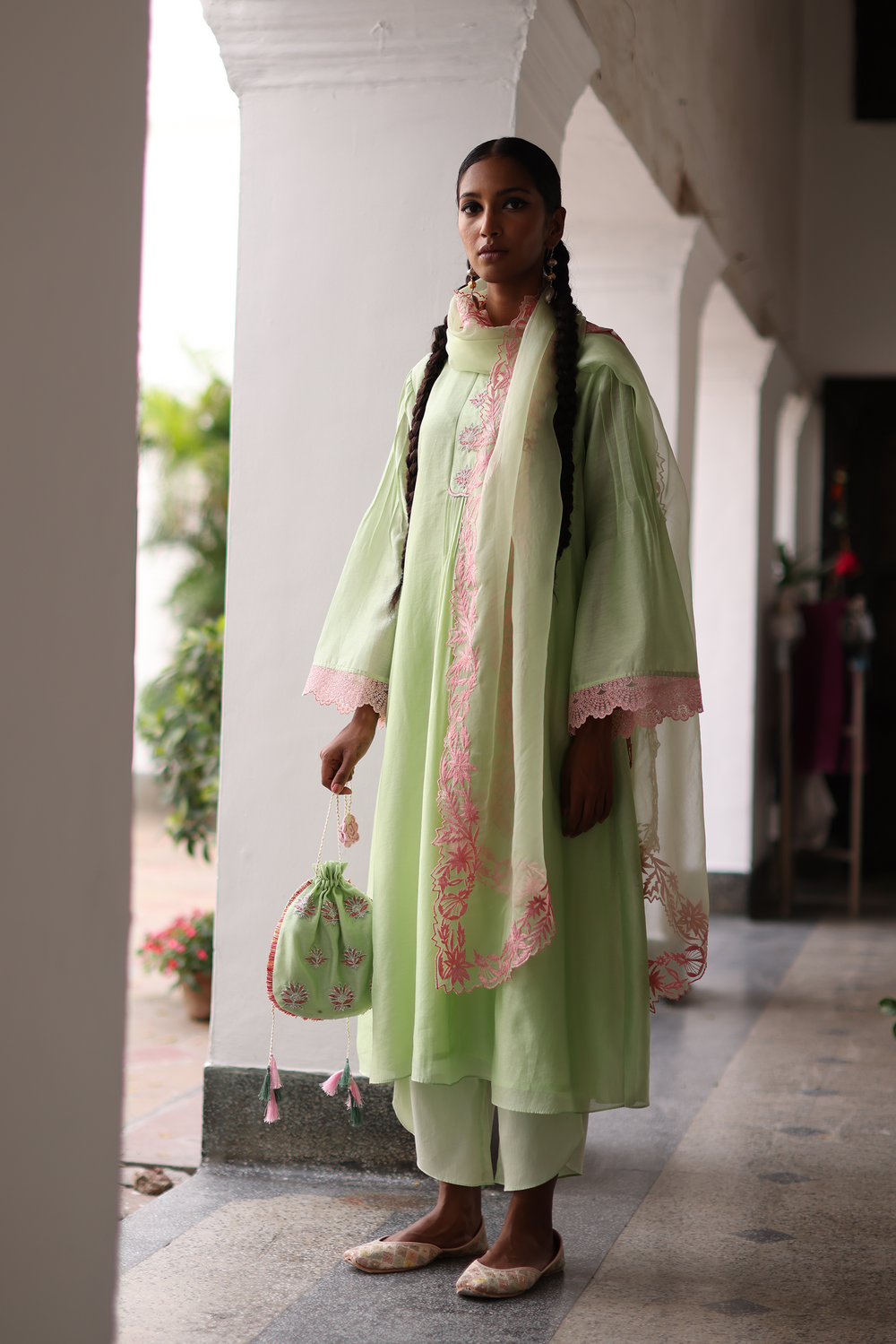 Daisy Kurta Set in Pastel Green With Pink Detailing