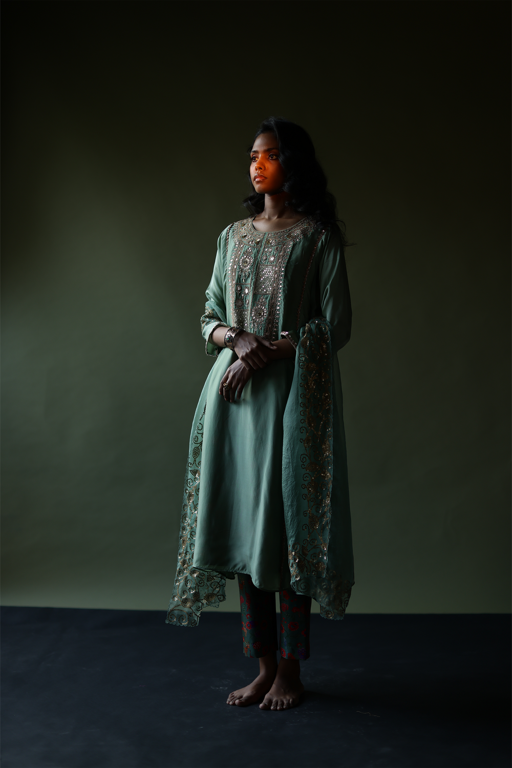 Satin Organza Kurta With Gota Work, Inner, Printed Pants & Dupatta