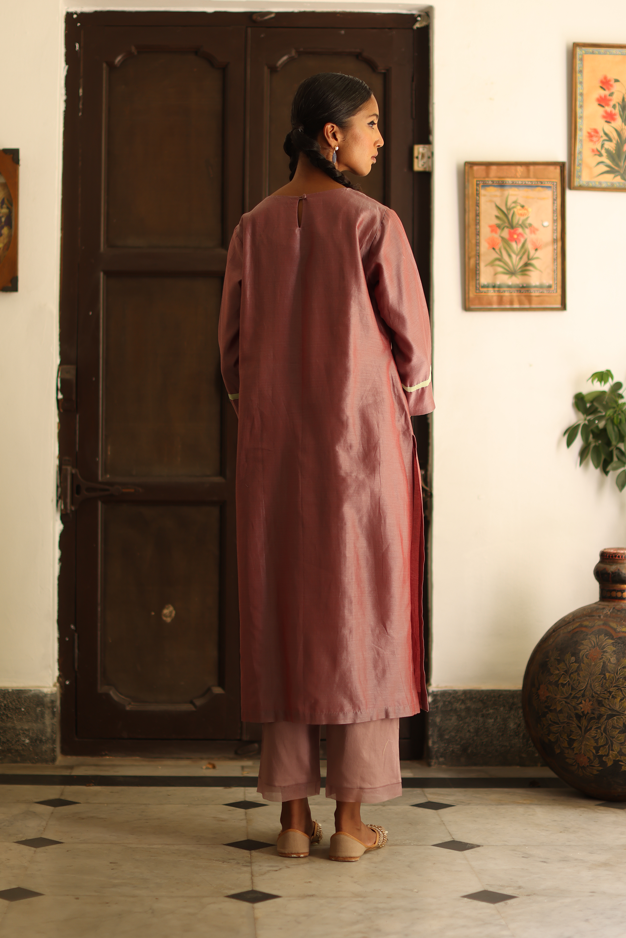 Violet Pleated Kurta With Detailing on Yoke, Pants, Dupatta & Potli