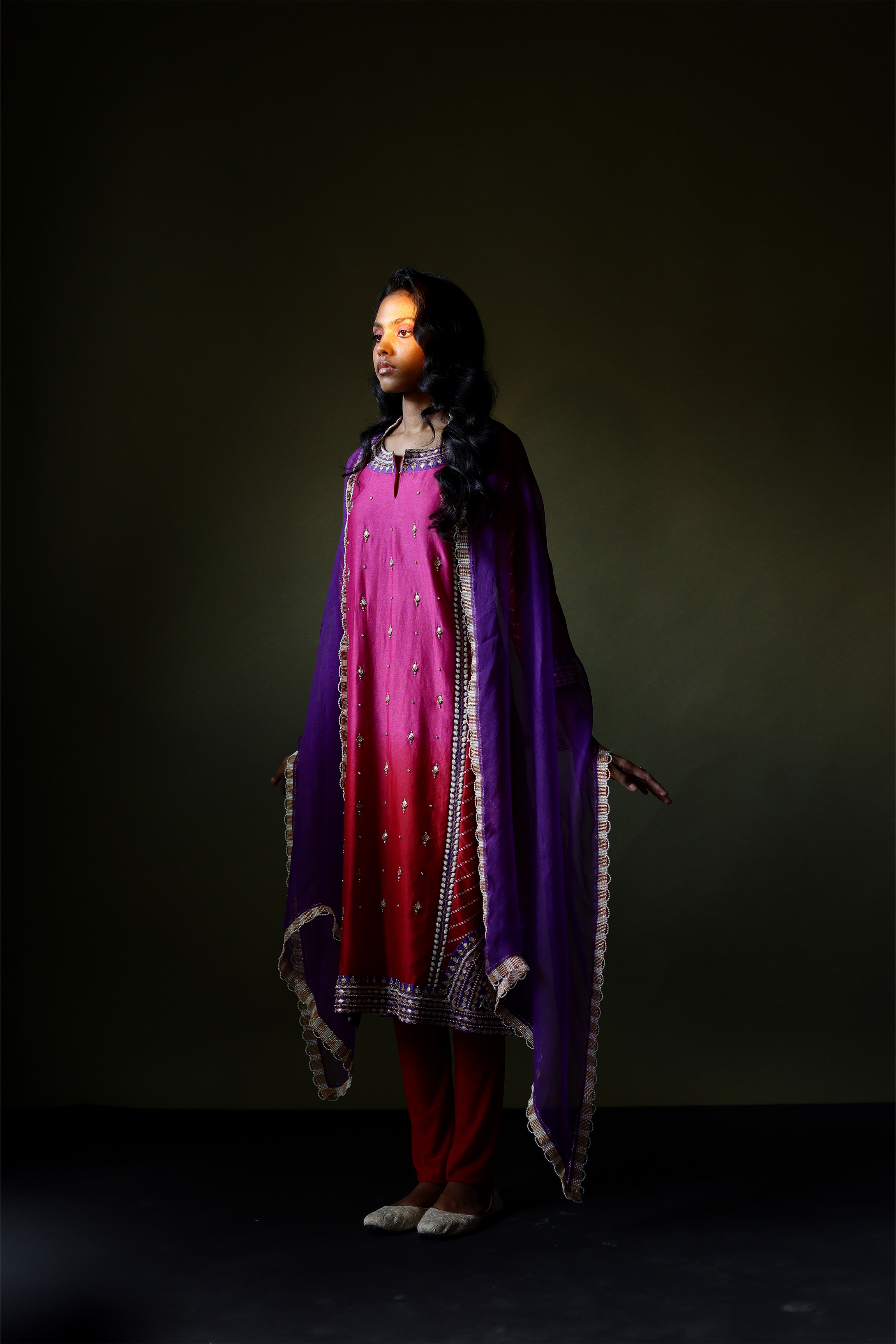 Ombre Panelled Kurta With Bandhej, Churidaar & Dupatta