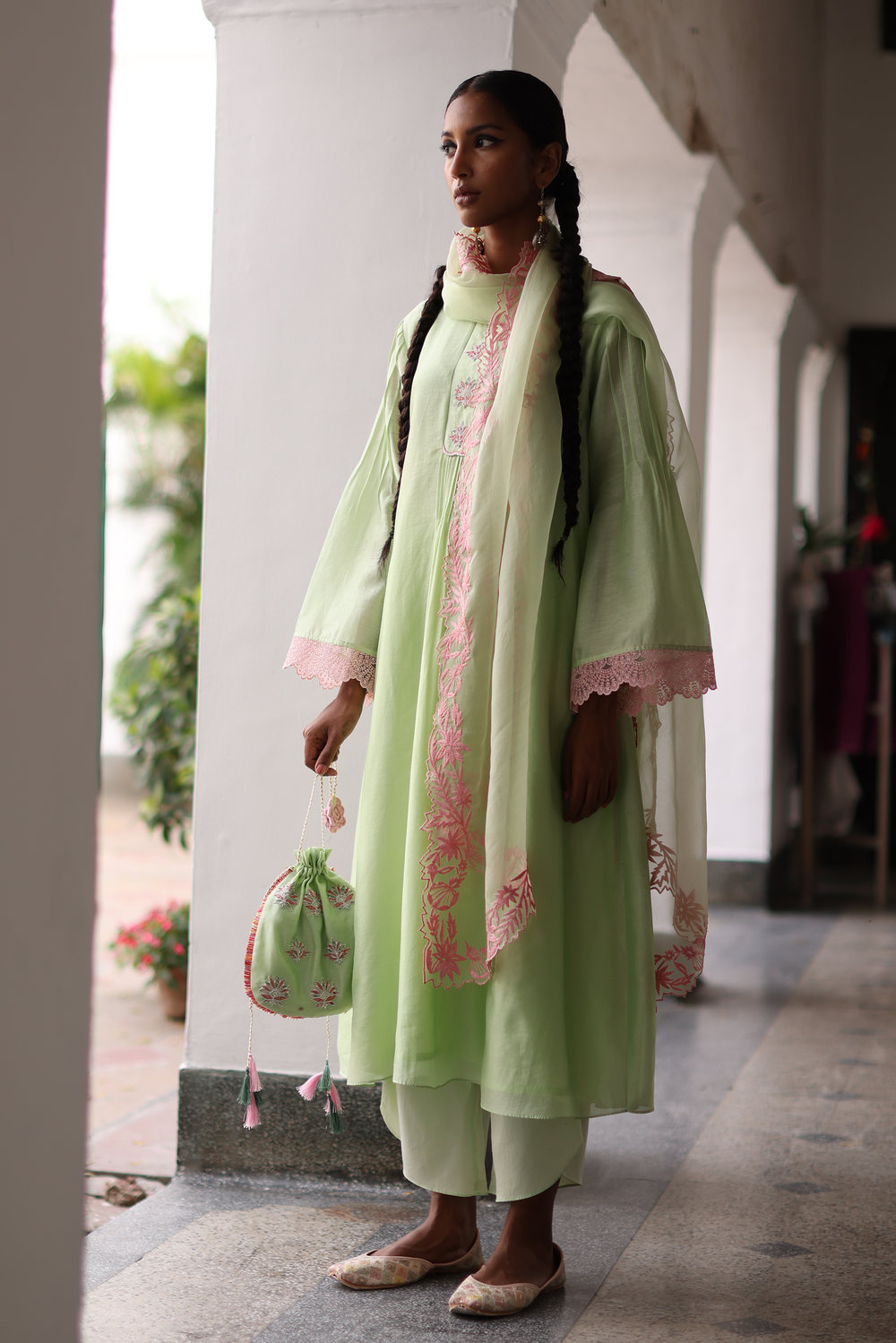 Daisy Kurta Set in Pastel Green With Pink Detailing