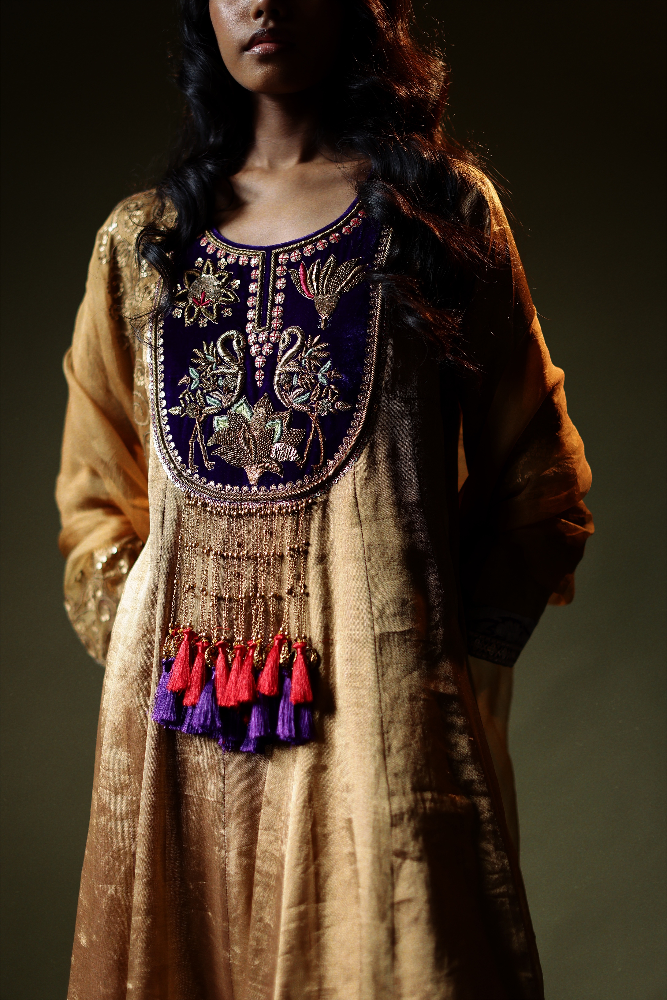 Gold Tissue Anarkali with Embroidered Velvet Yoke, Printed Pants & Dupatta