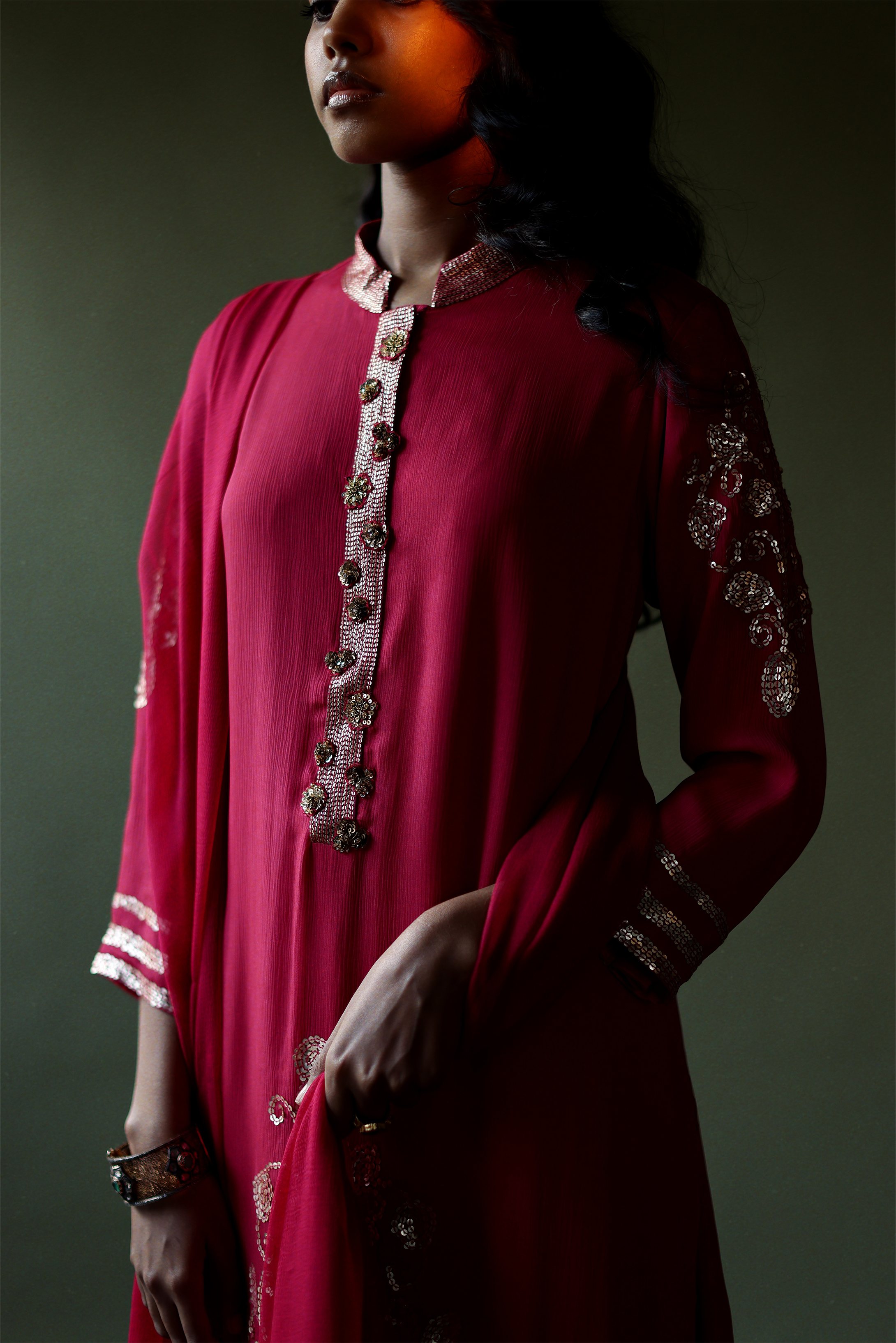 Wine Chiffon Kurta With Chiffon Pallazos & Net Dupatta