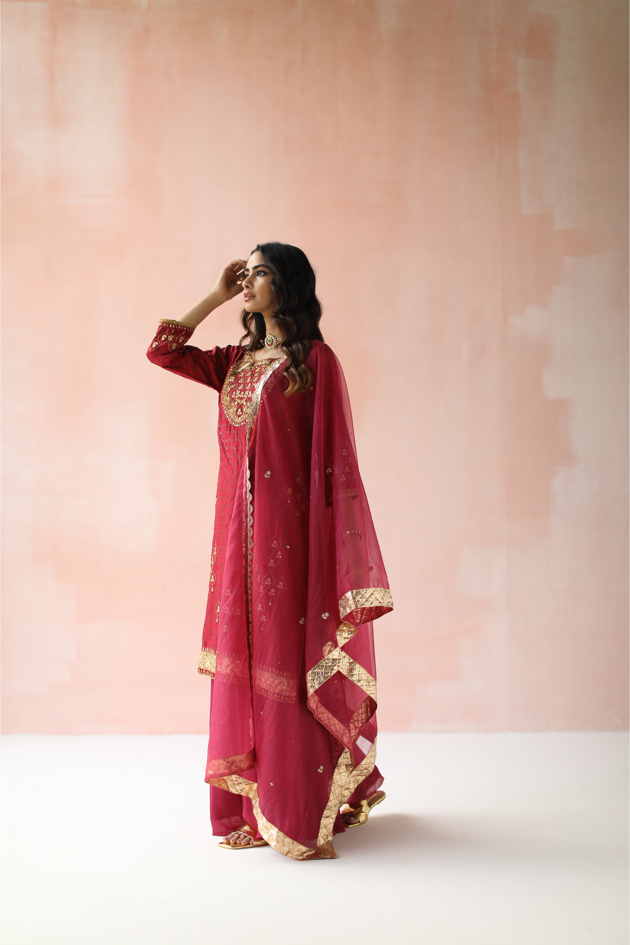 Wine Red Kurta Set with Chiffon Pants and Net Dupatta