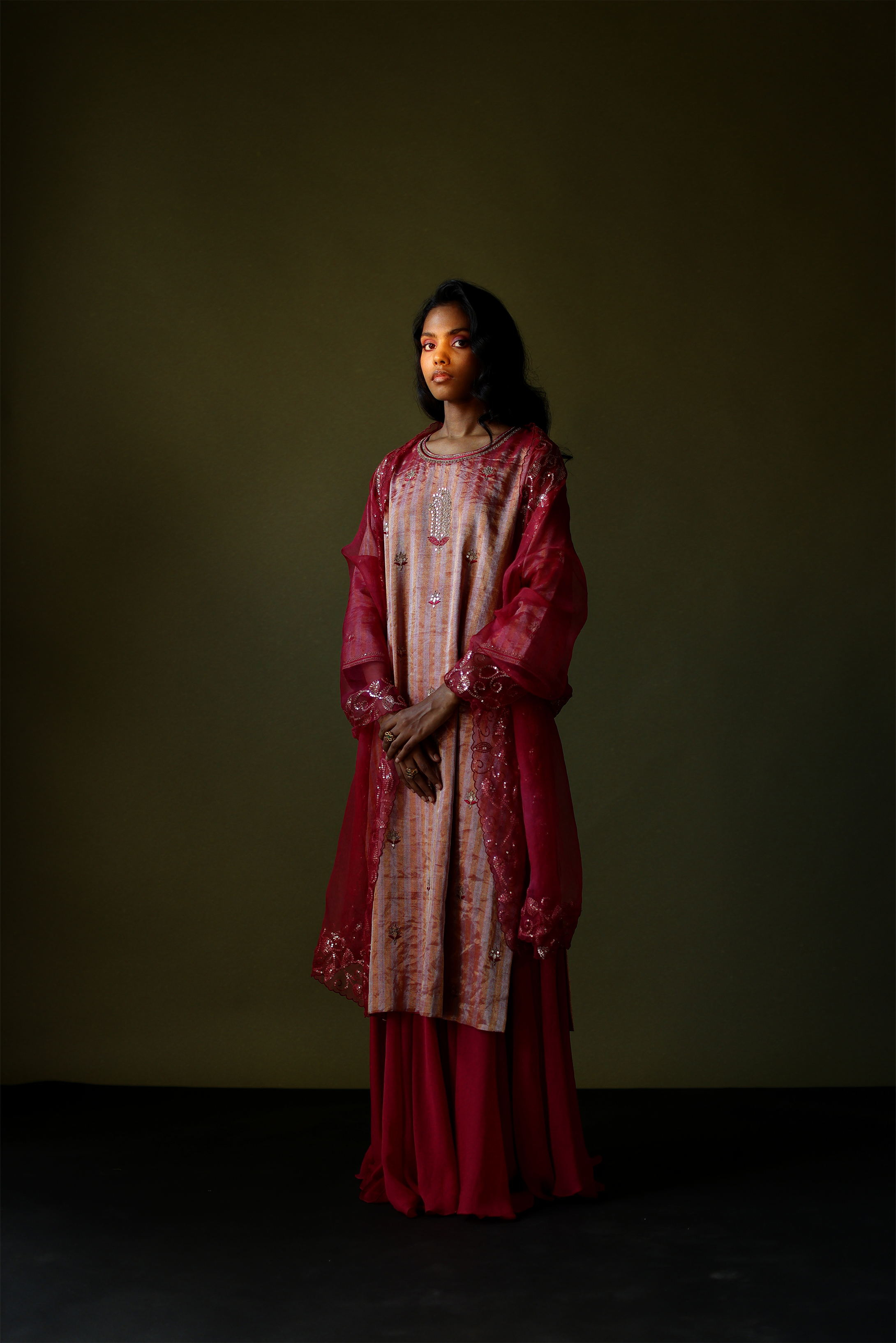 Stripe Pink Tissue Kurta With Chiffon Skirt & Dupatta