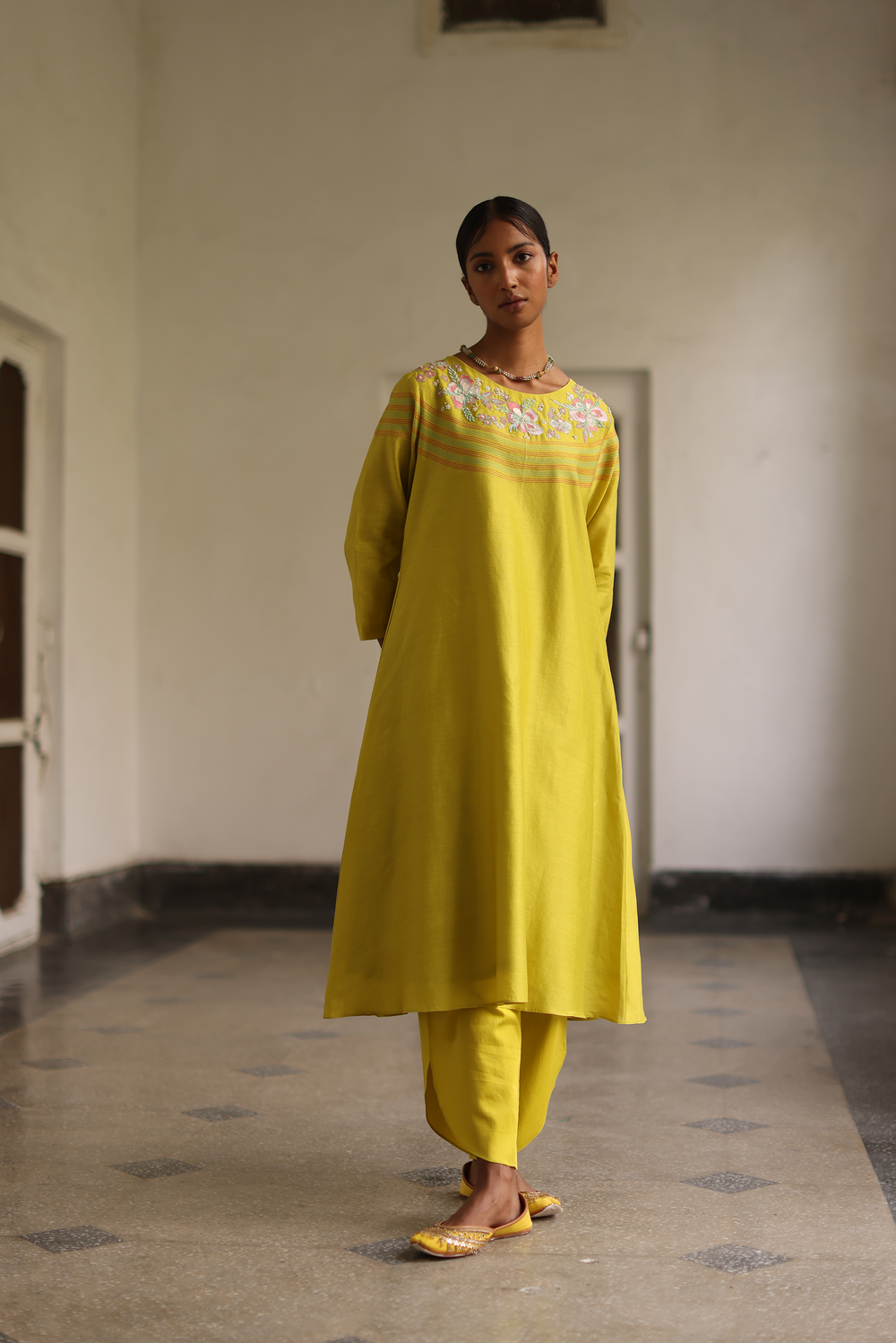 Daffodil Embroidered & Kantha Kurta With Drape Pants, Dupatta & Potli