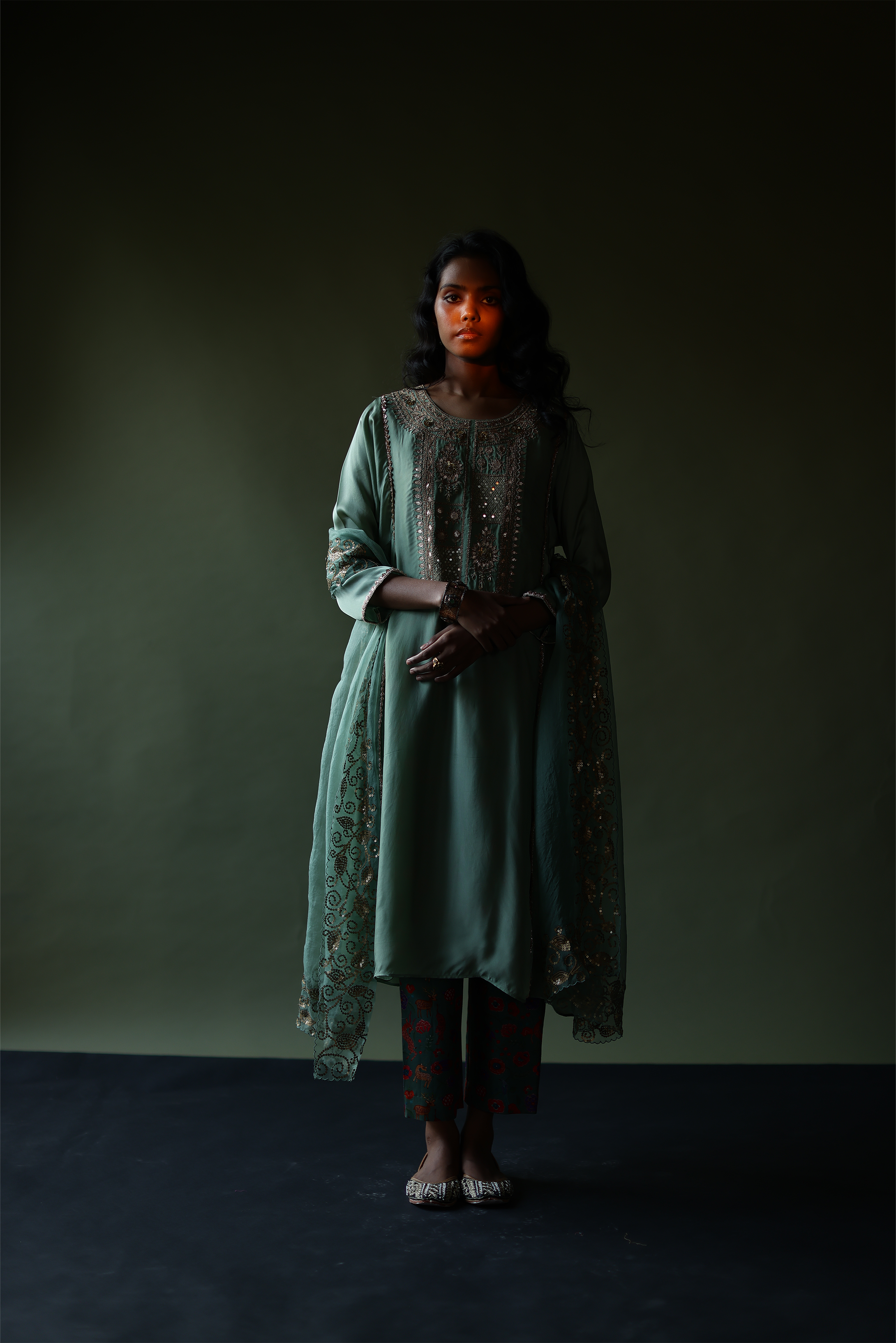 Satin Organza Kurta With Gota Work, Inner, Printed Pants & Dupatta