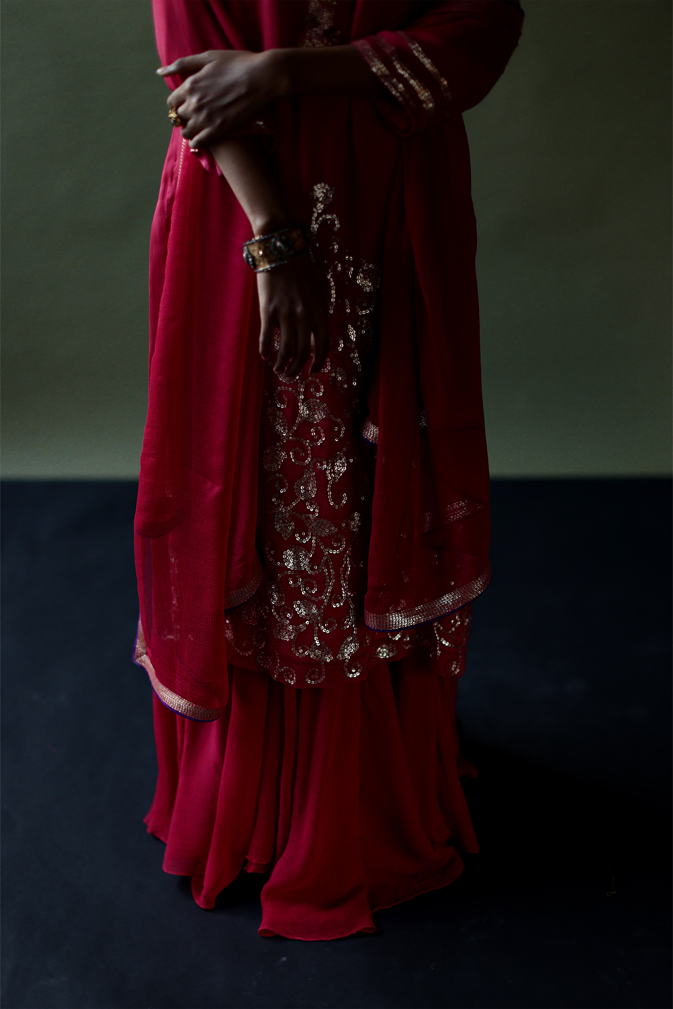 Wine Chiffon Kurta With Chiffon Pallazos & Net Dupatta