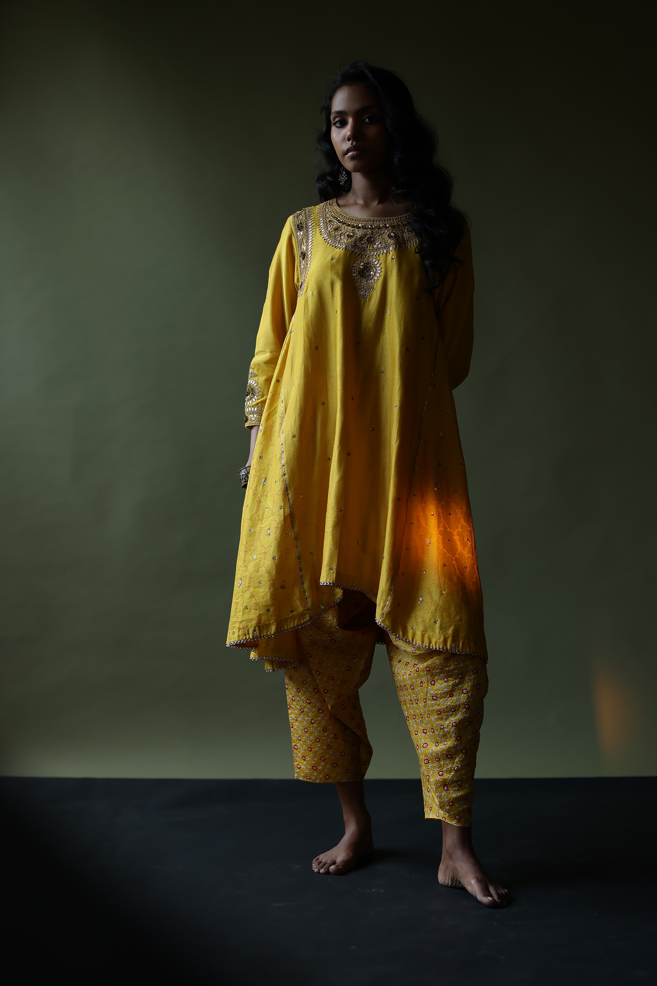 Mango Yellow Kurta With Bandhaj Dhoti Pants & DUPATTA