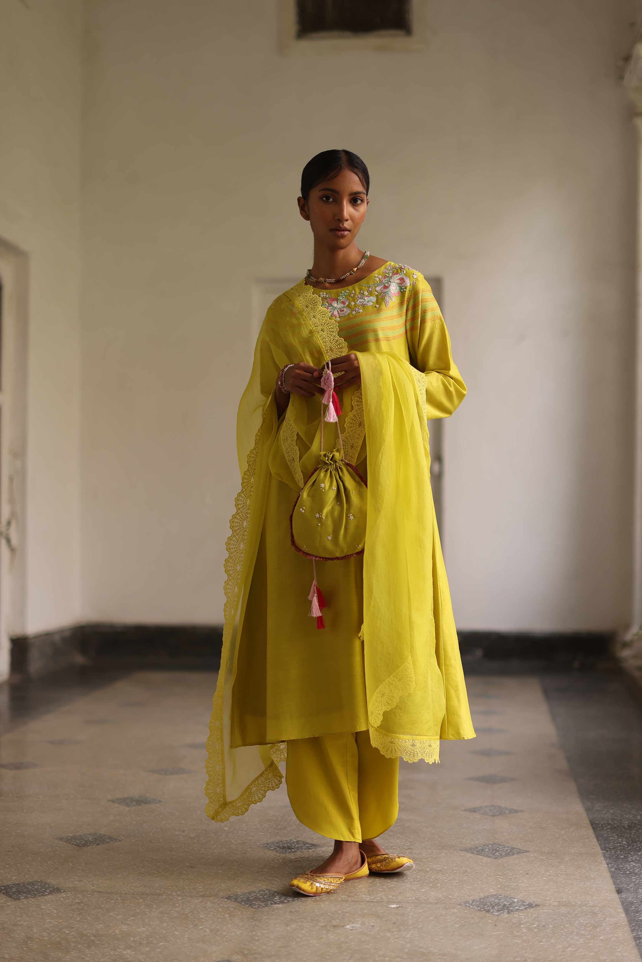 Daffodil Embroidered & Kantha Kurta With Drape Pants, Dupatta & Potli