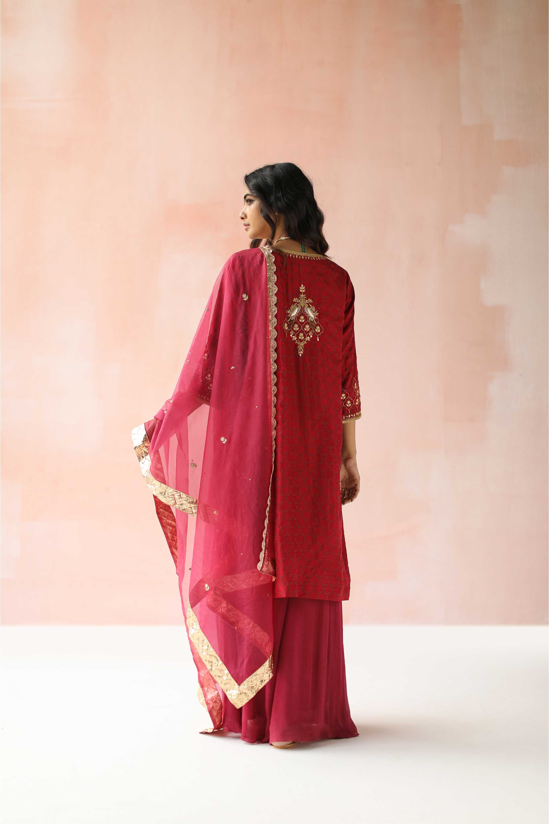 Wine Red Kurta Set with Chiffon Pants and Net Dupatta