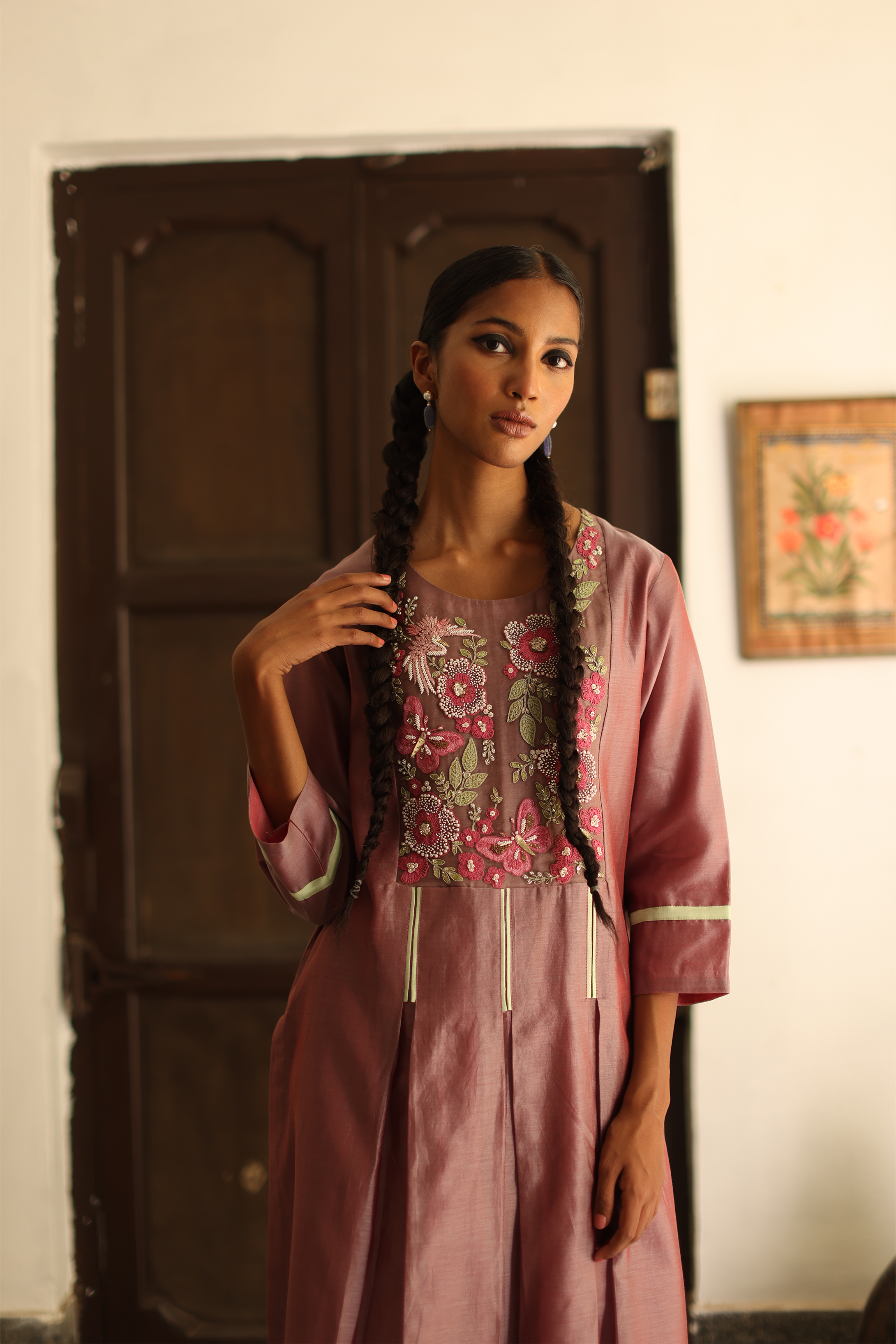 Violet Pleated Kurta With Detailing on Yoke, Pants, Dupatta & Potli