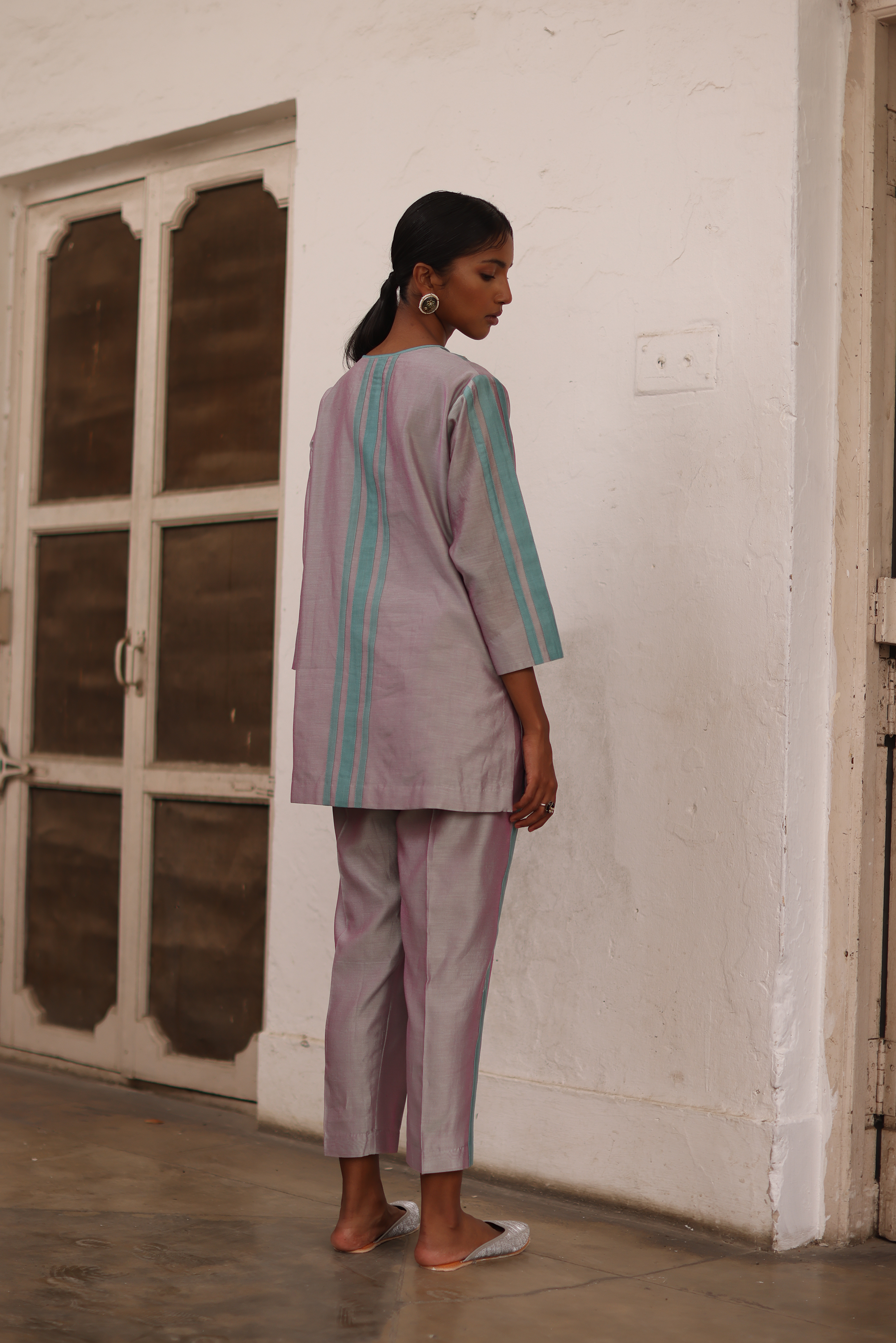 Lilac Color Block Coord Set in Chanderi With Floral Embroidery