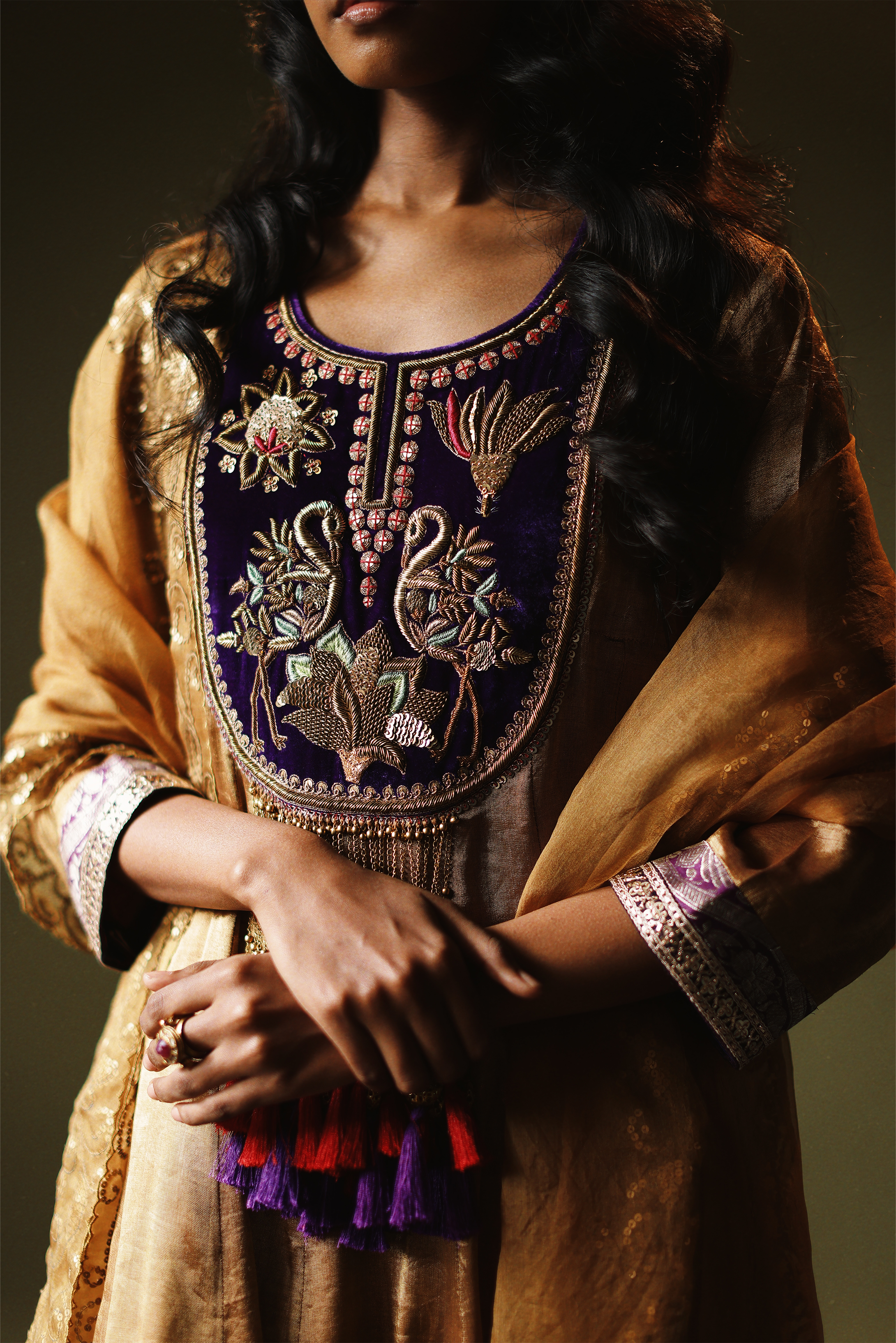 Gold Tissue Anarkali with Embroidered Velvet Yoke, Printed Pants & Dupatta