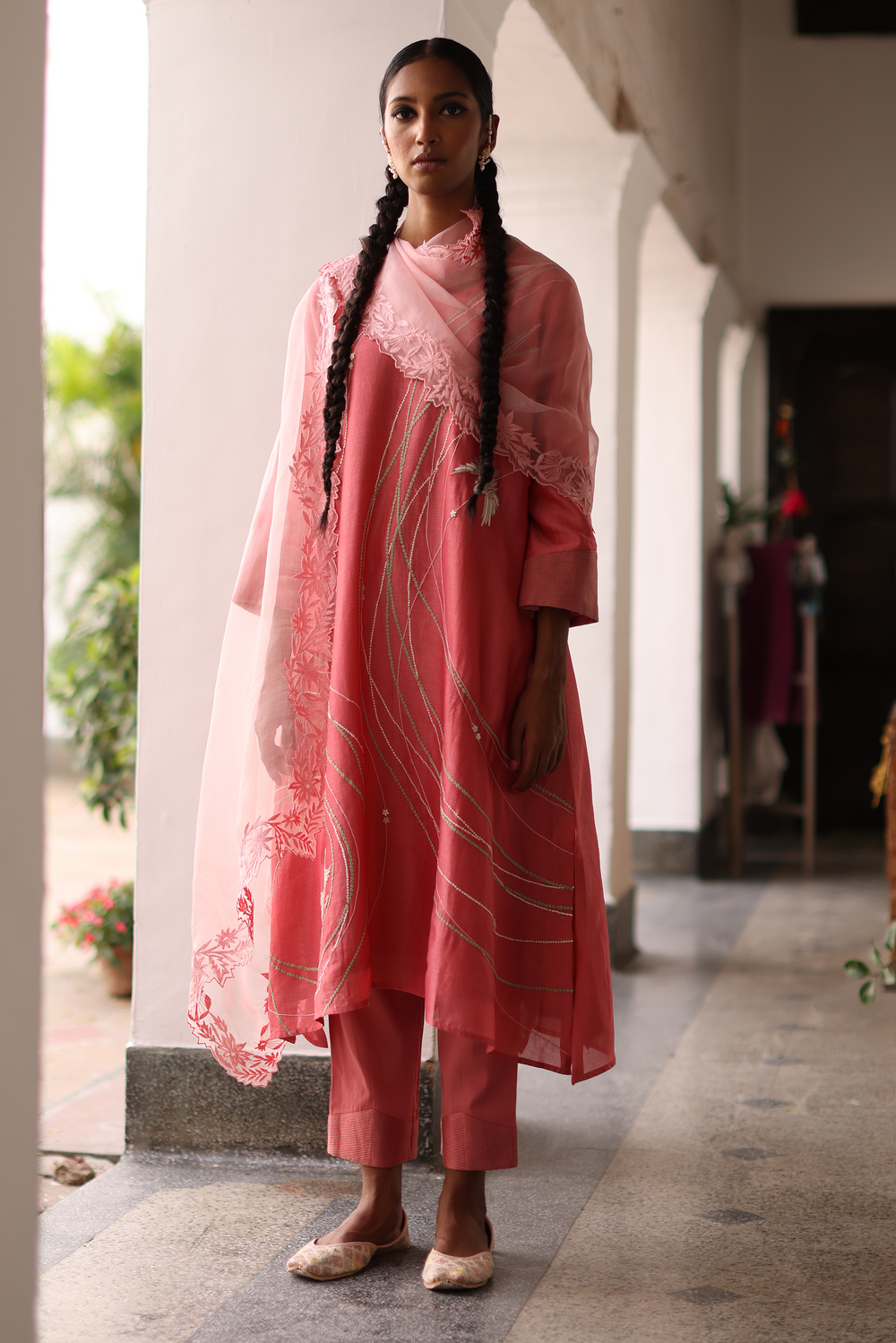 Peony  Embroidered  Kurta,  Pants, With Embroidered Dupatta and Matching Potli