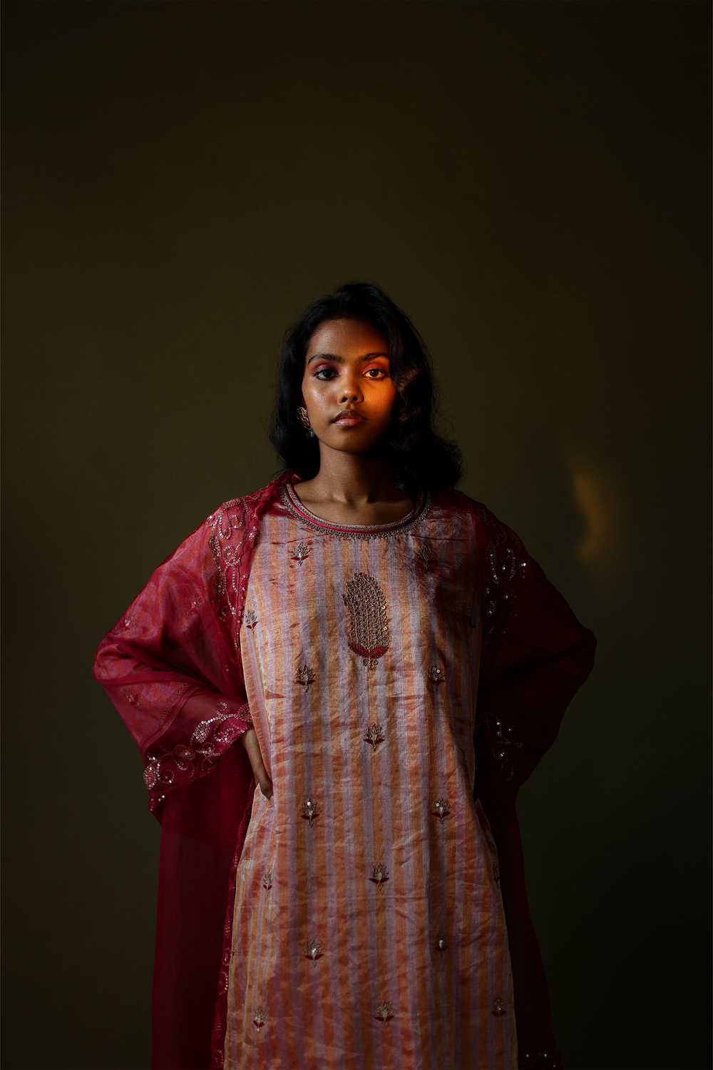 Stripe Pink Tissue Kurta With Chiffon Skirt & Dupatta