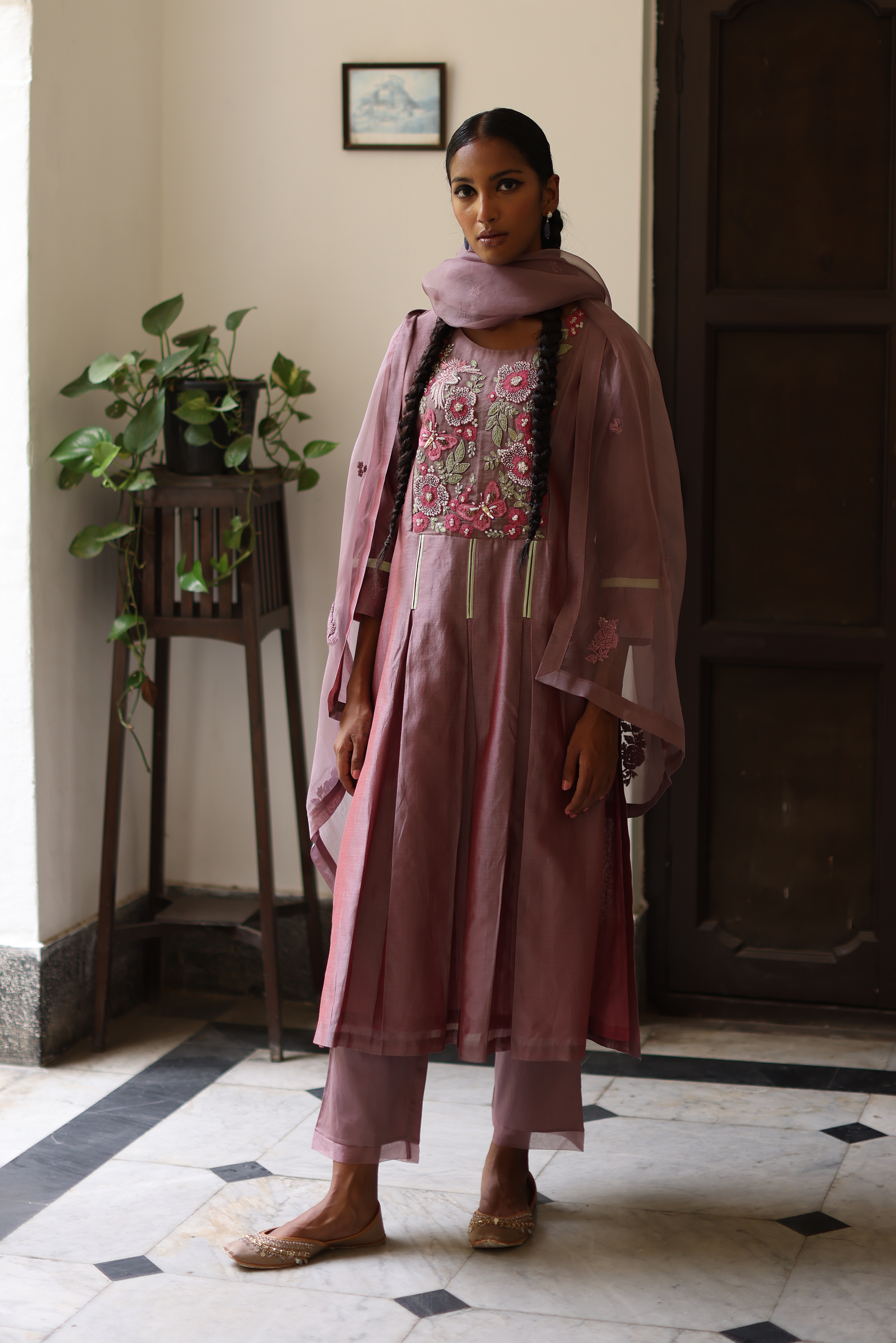 Violet Pleated Kurta With Detailing on Yoke, Pants, Dupatta & Potli